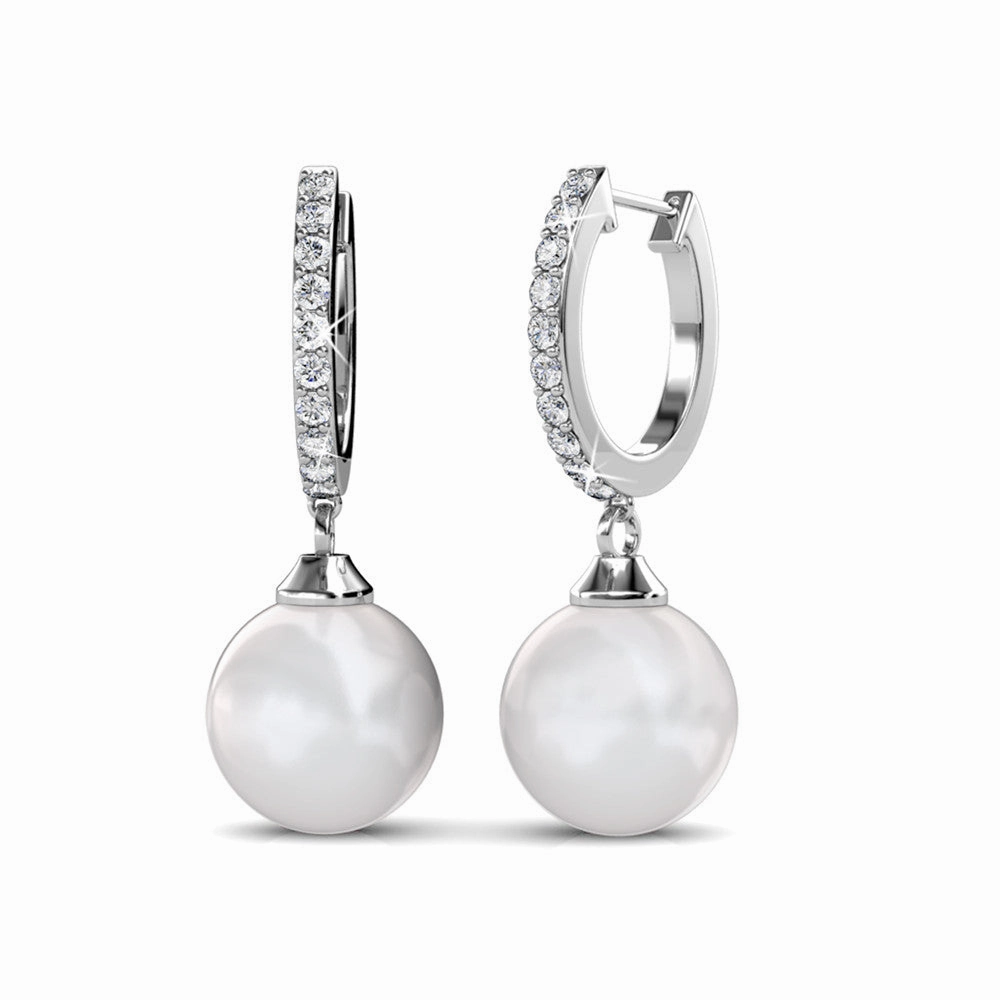 Daphne 18K White Gold Plated Pearl Drop Earrings with Swarovski Crystals