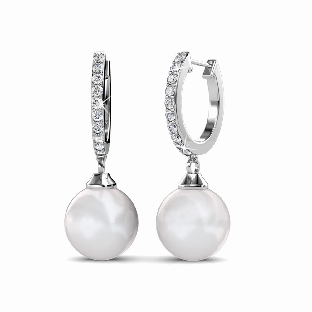 Daphne 18K White Gold Plated Pearl Drop Earrings with Swarovski Crystals