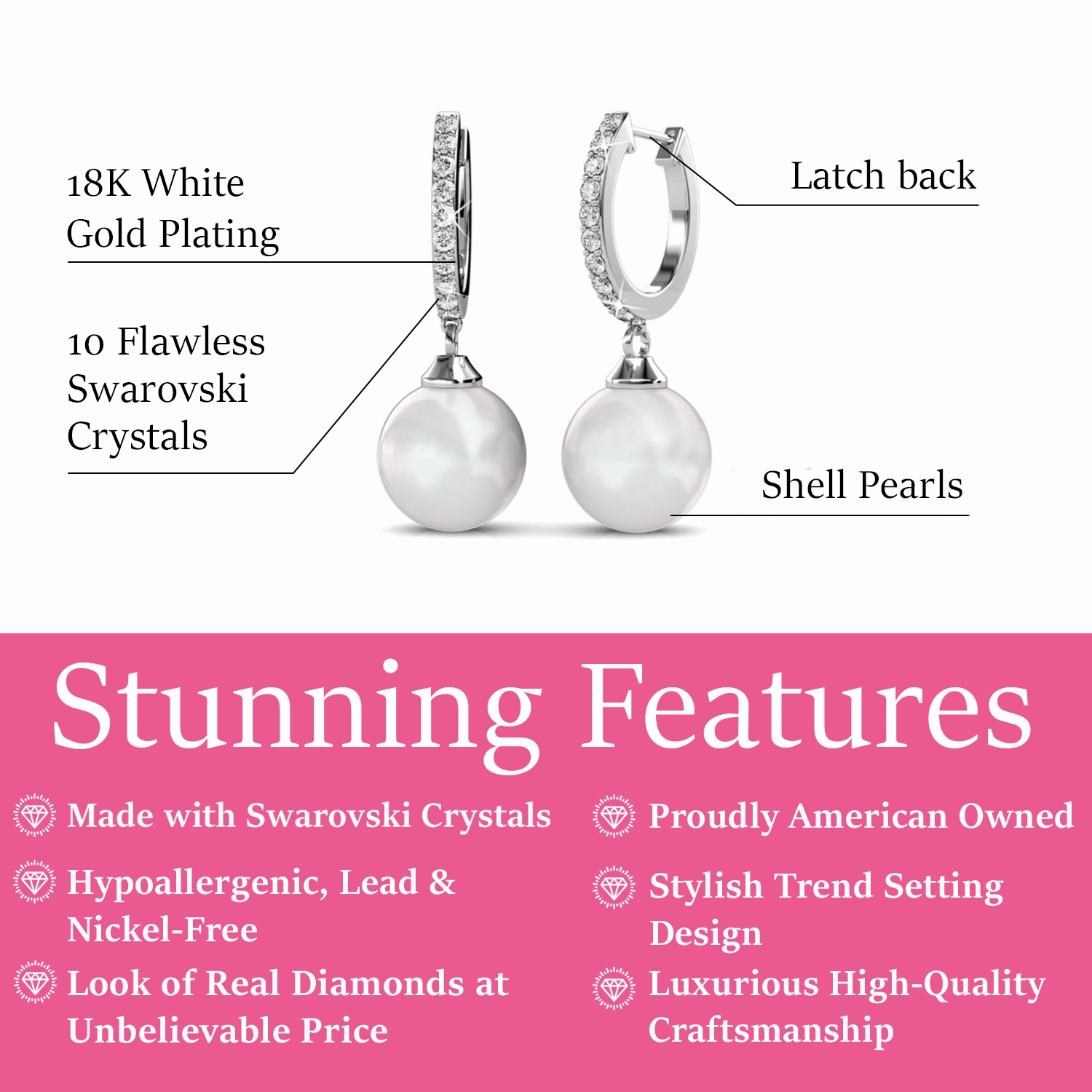 Daphne 18K White Gold Plated Pearl Drop Earrings with Swarovski Crystals