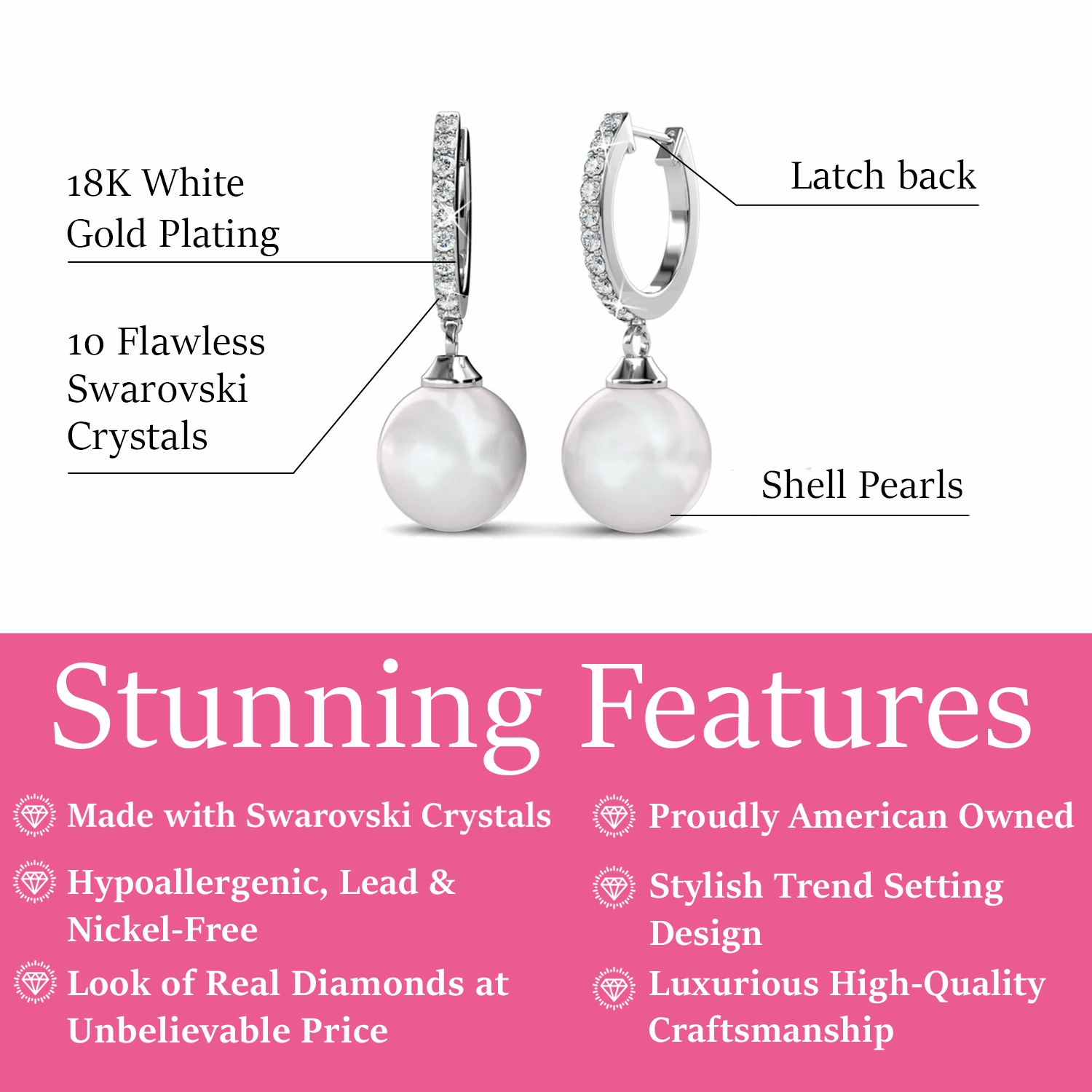 Daphne 18K White Gold Plated Pearl Drop Earrings with Swarovski Crystals