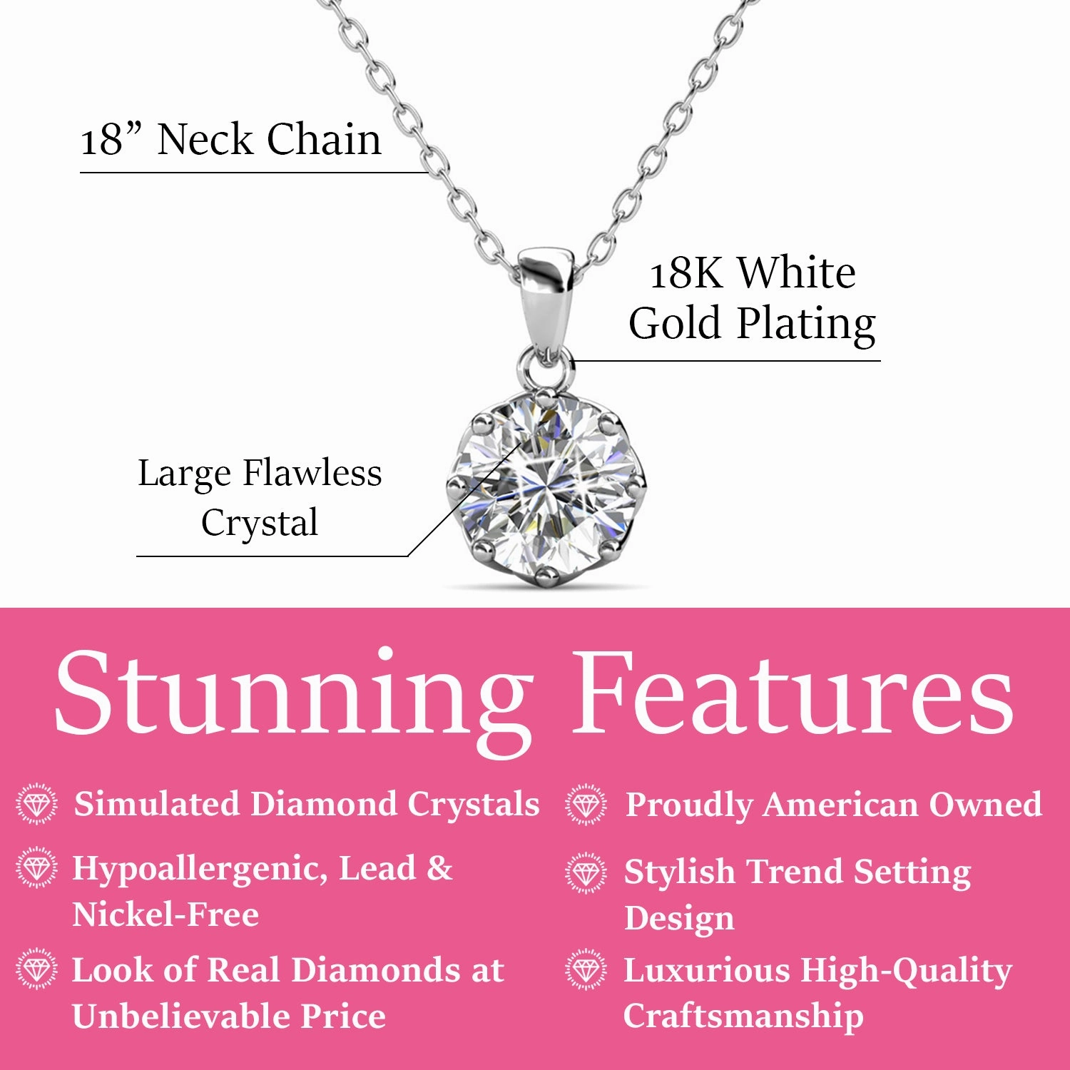 Eden 18k White Gold Plated Pendant Necklace with Solitaire Round Cut Swarovski Crystal