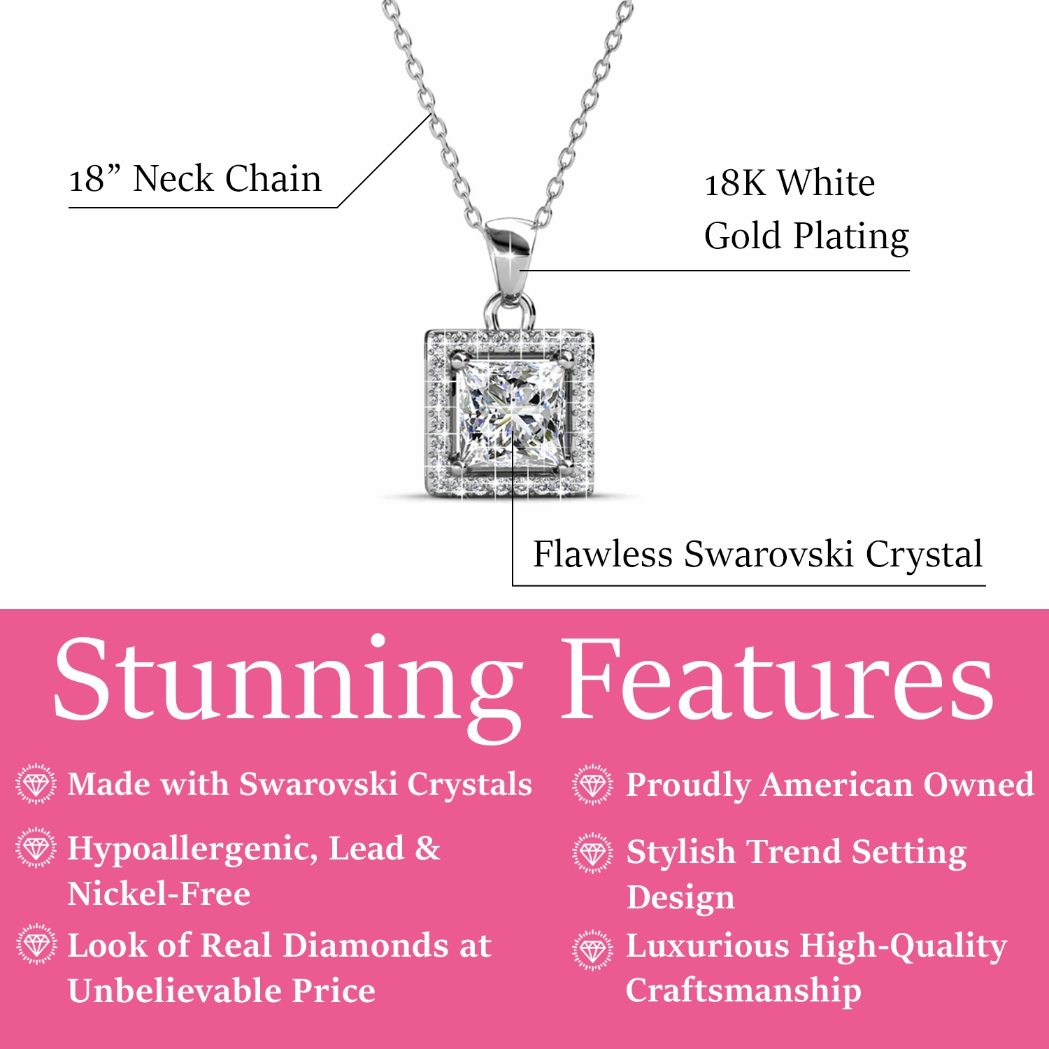 Ekatrina 18k White Gold Plated Halo Pendant Necklace with Sparkling Square Cut Swarovski Crystal