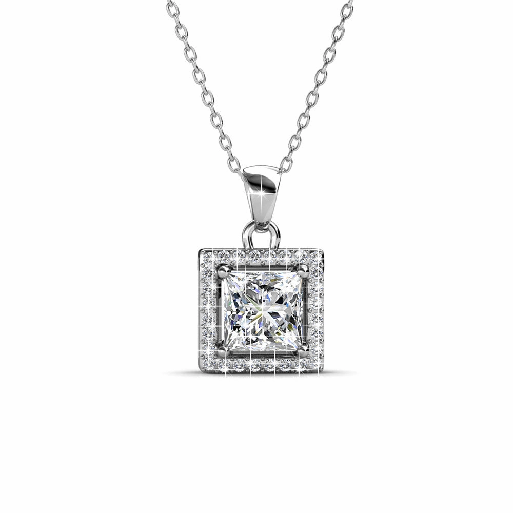 Ekatrina 18k White Gold Plated Halo Pendant Necklace with Sparkling Square Cut Swarovski Crystal
