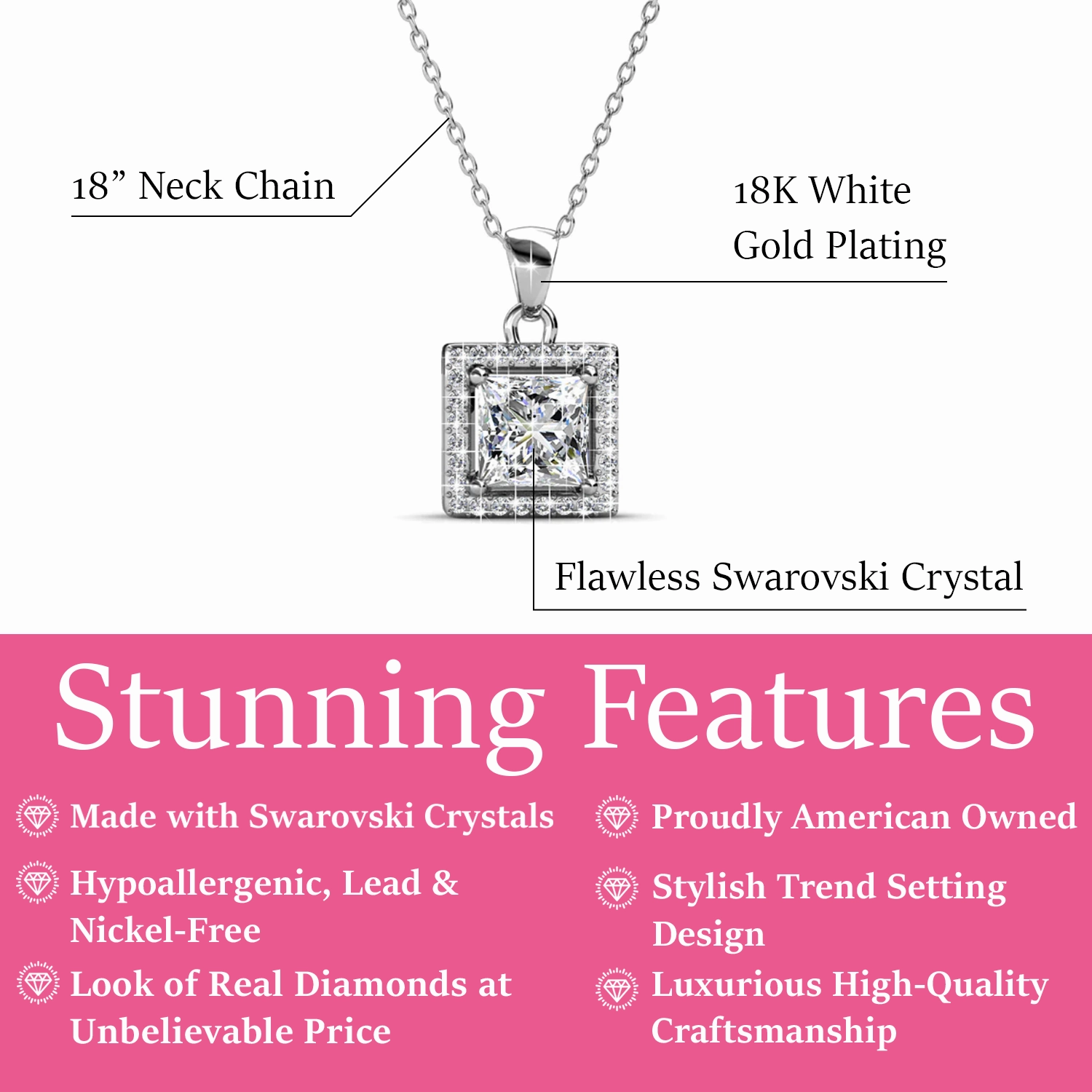 Ekatrina 18k White Gold Plated Halo Pendant Necklace with Sparkling Square Cut Swarovski Crystal
