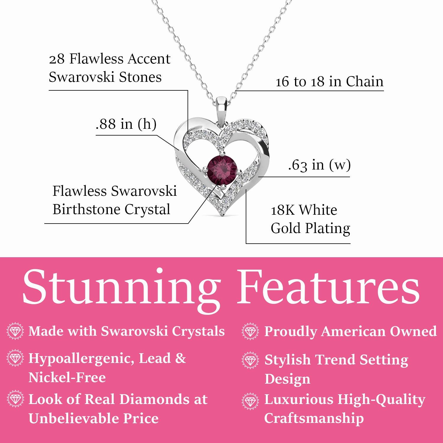 Forever Birthstone 18k White Gold Plated Double Heart Necklace with Swarovski Crystals