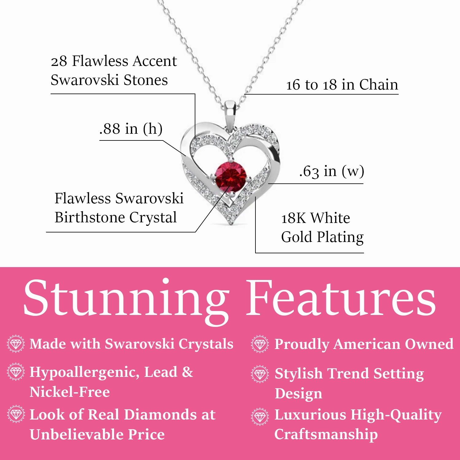 Forever Birthstone 18k White Gold Plated Double Heart Necklace with Swarovski Crystals