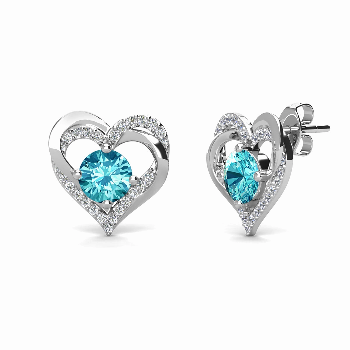Forever Birthstone 18k White Gold Plated Double Heart Stud Earrings with Swarovski Crystals