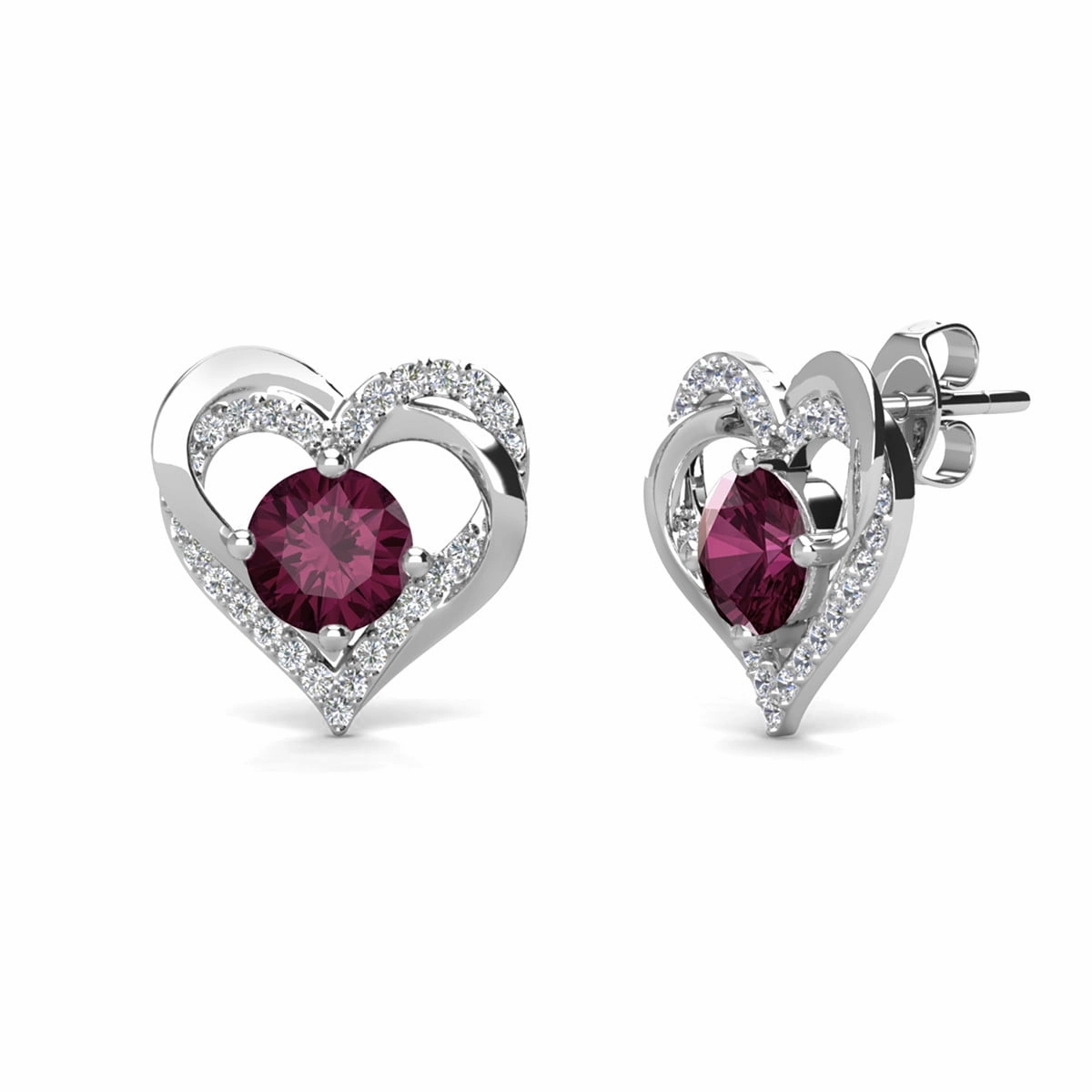 Forever Birthstone 18k White Gold Plated Double Heart Stud Earrings with Swarovski Crystals