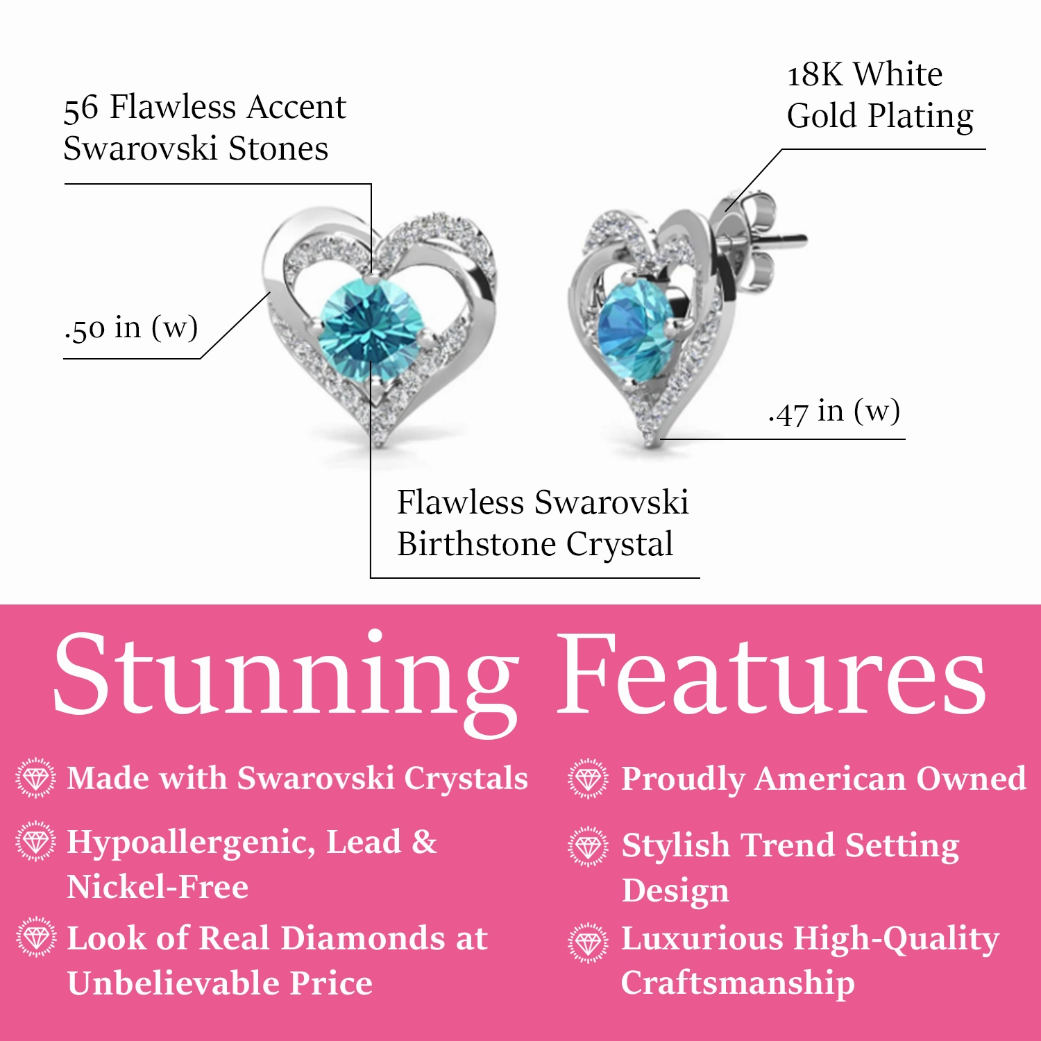 Forever Birthstone 18k White Gold Plated Double Heart Stud Earrings with Swarovski Crystals