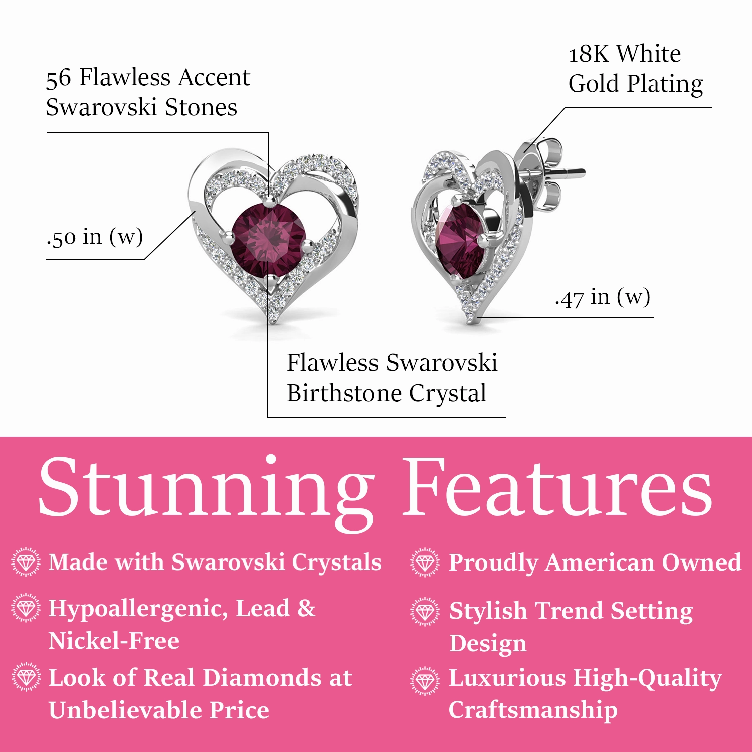 Forever Birthstone 18k White Gold Plated Double Heart Stud Earrings with Swarovski Crystals