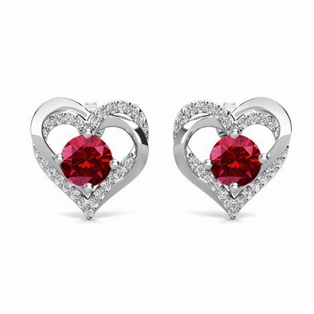 Forever Birthstone 18k White Gold Plated Double Heart Stud Earrings with Swarovski Crystals