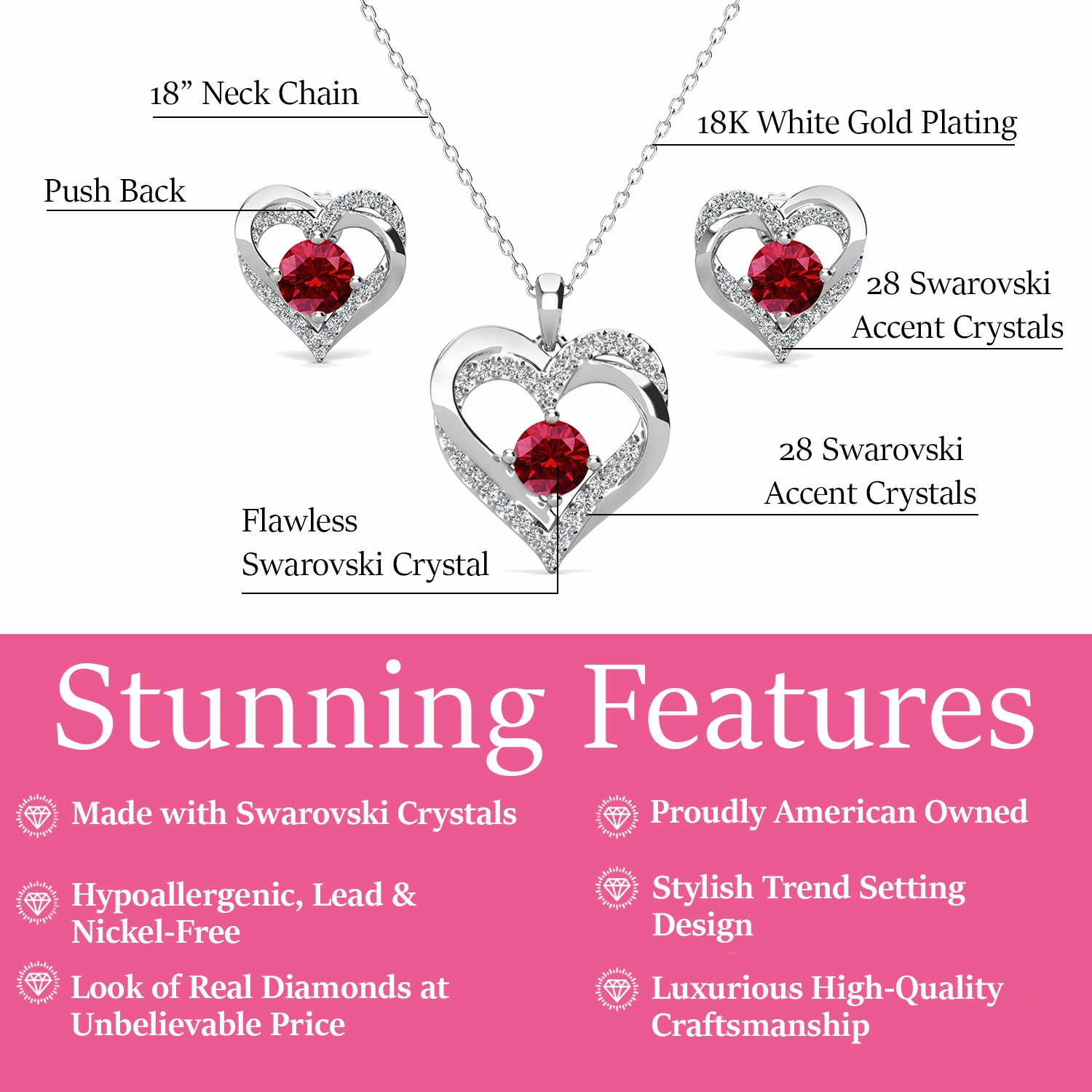 Forever Birthstone 18k White Gold Plated Silver Double Heart Earrings and Necklace Set with Swarovski Crystals