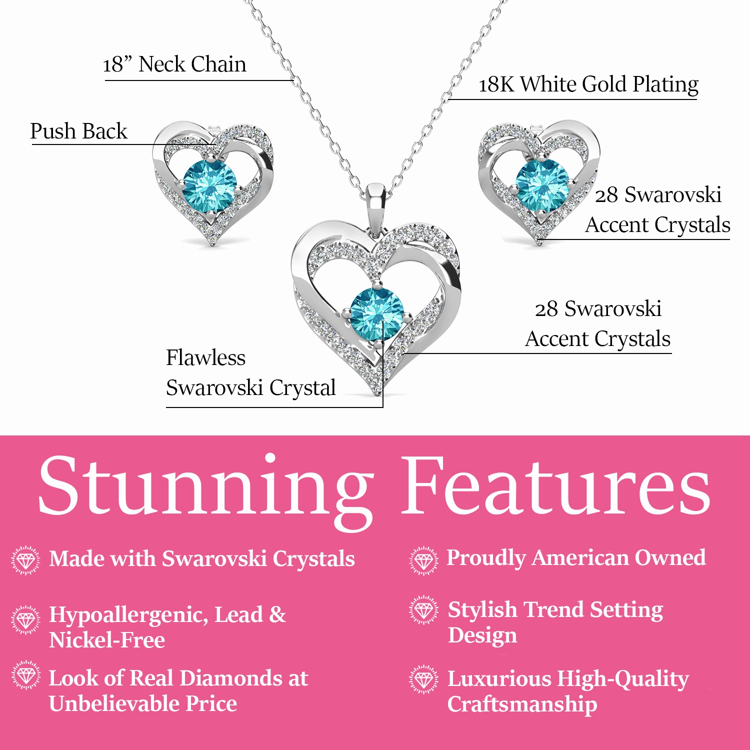 Forever Birthstone 18k White Gold Plated Silver Double Heart Earrings and Necklace Set with Swarovski Crystals