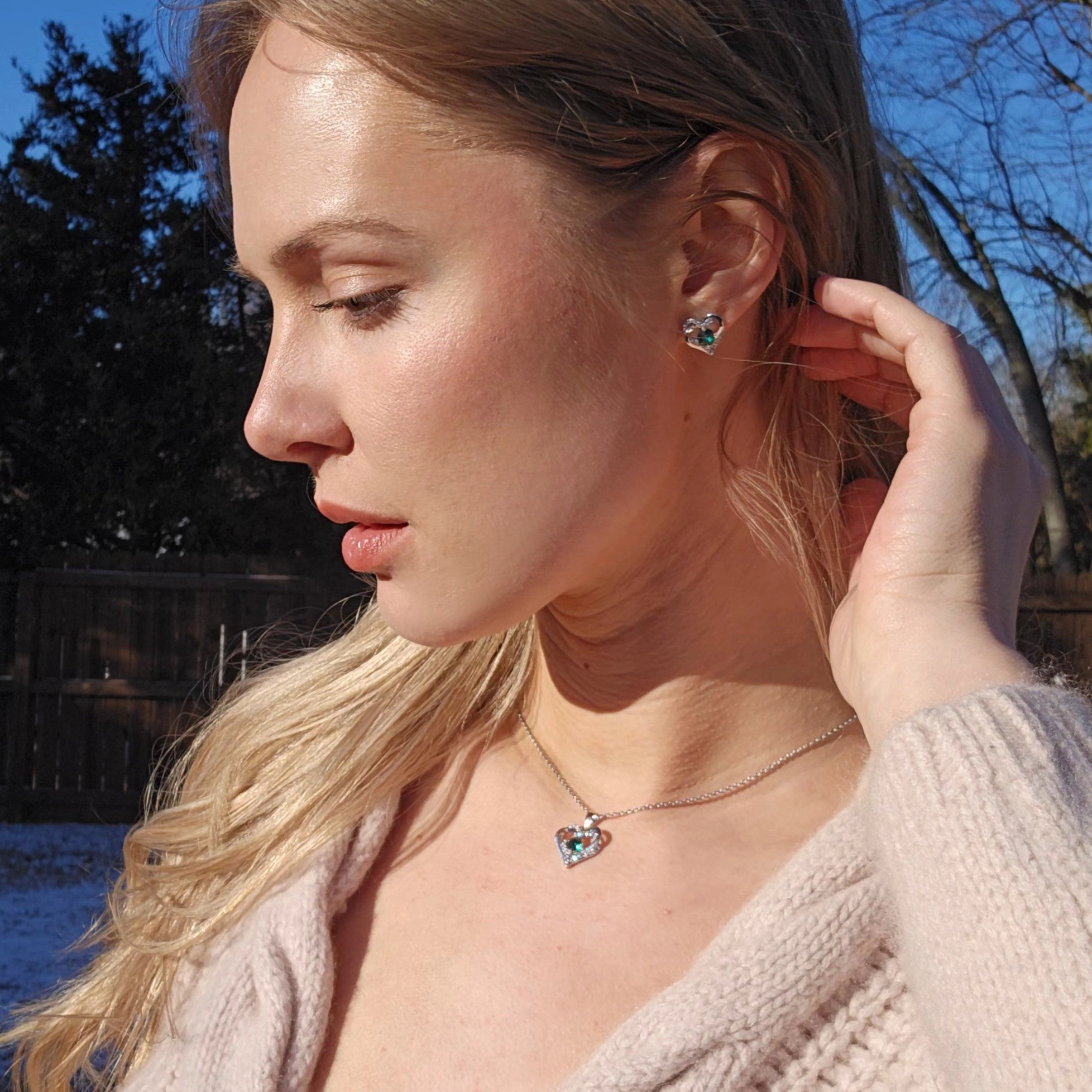 Forever Birthstone 18k White Gold Plated Silver Double Heart Earrings and Necklace Set with Swarovski Crystals
