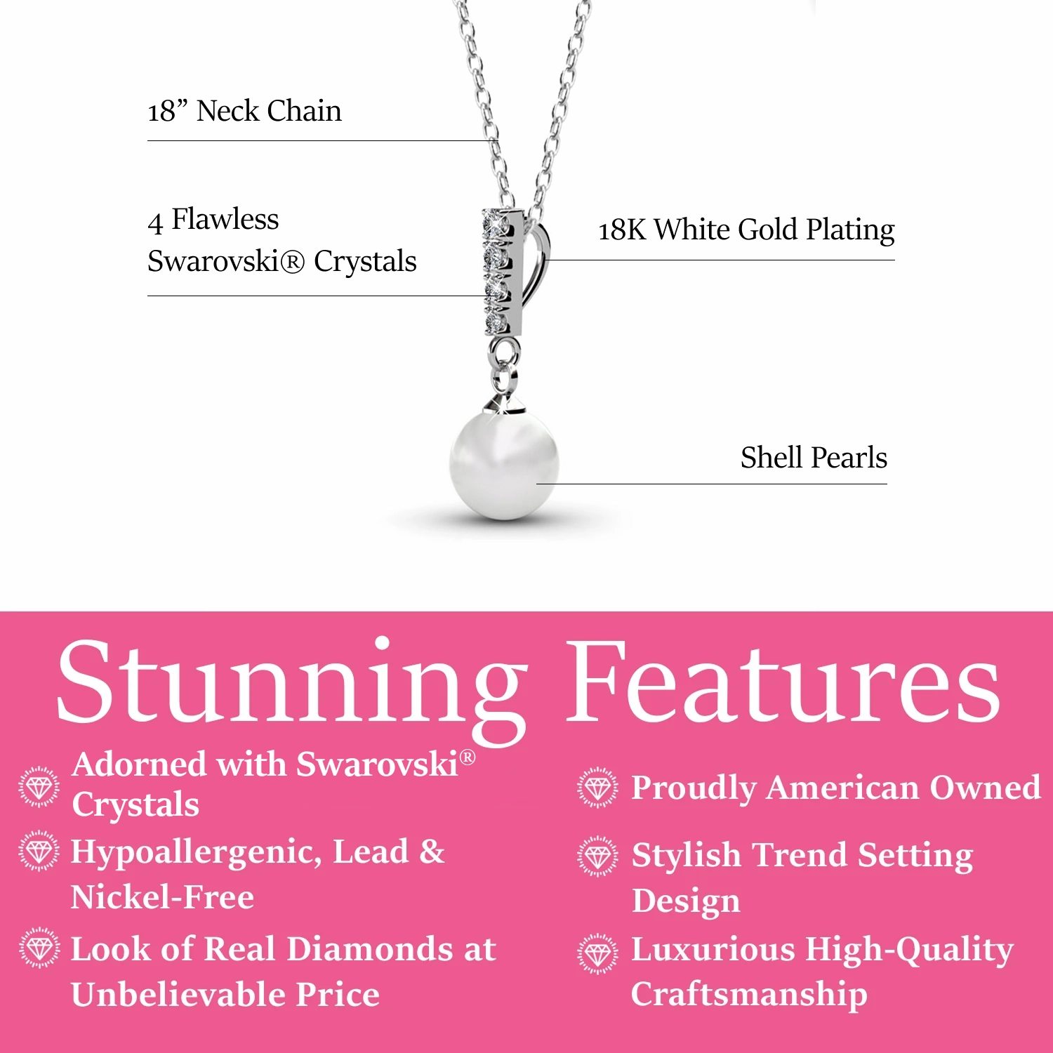 Gabrielle 18k White Gold Pearl Drop Pendant Necklace with Swarovski Crystals