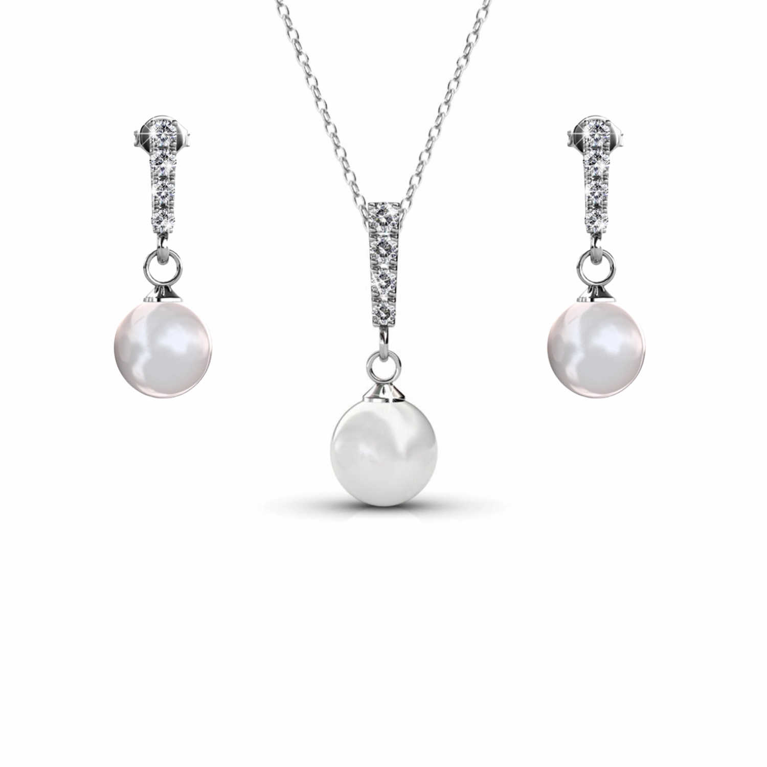 Gabrielle 18k White Gold Plated Pearl Drop Earrings and Necklace Jewelry Set with Swarovski Crystals