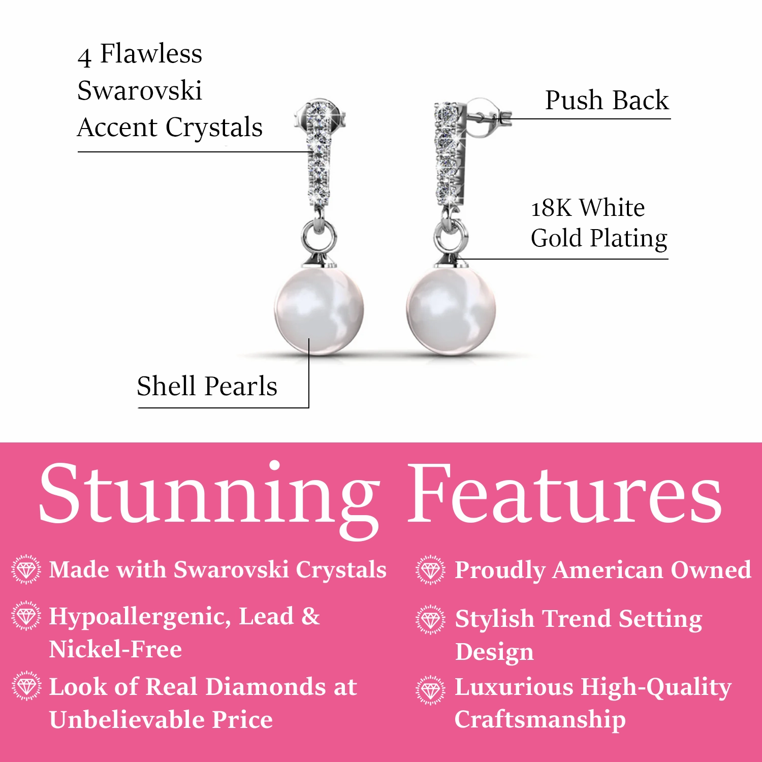Gabrielle 18k White Gold Plated Pearl Drop Earrings with Swarovski Crystals