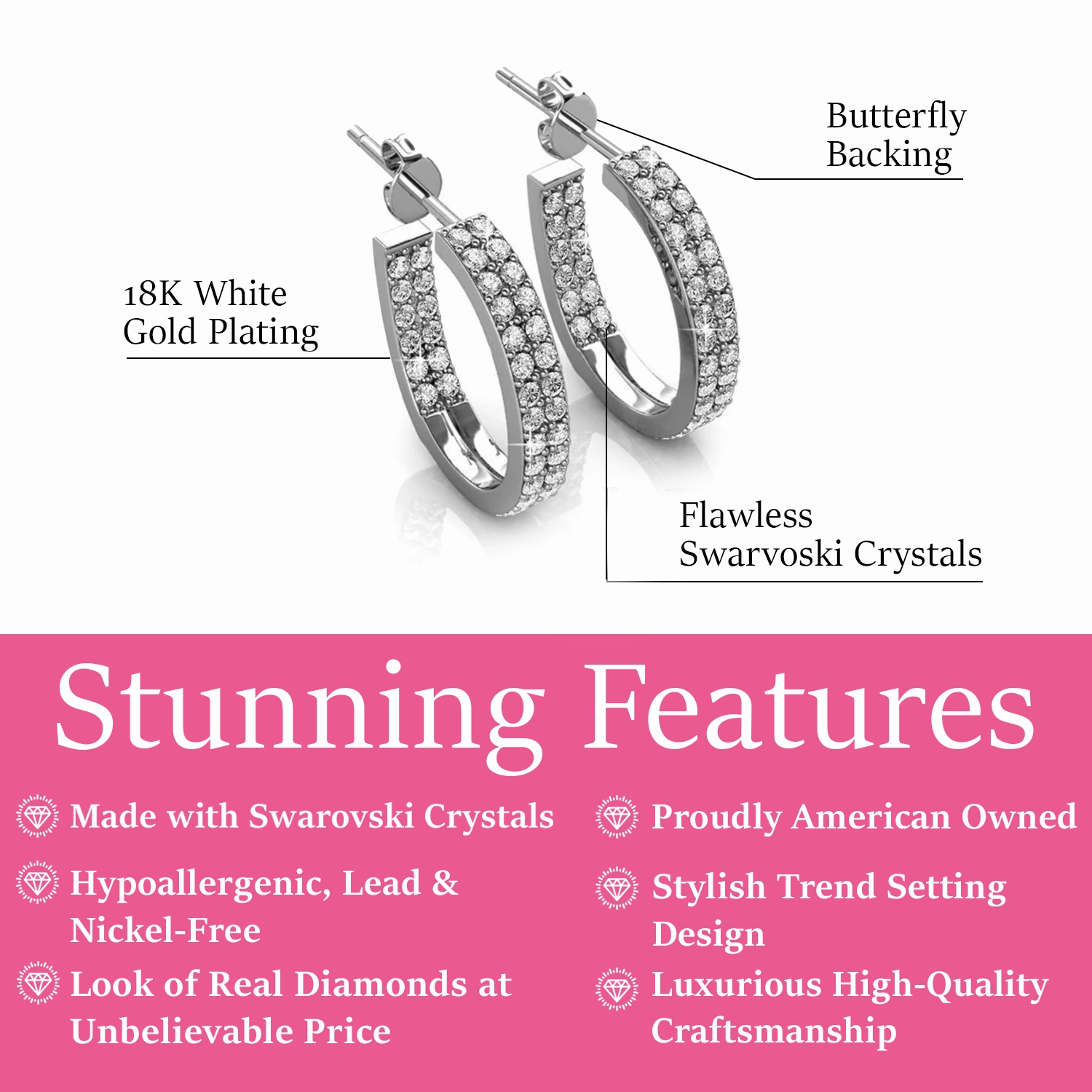 Grace 18k White Gold Plated 19mm Hoop Earrings with Swarovski Crystals