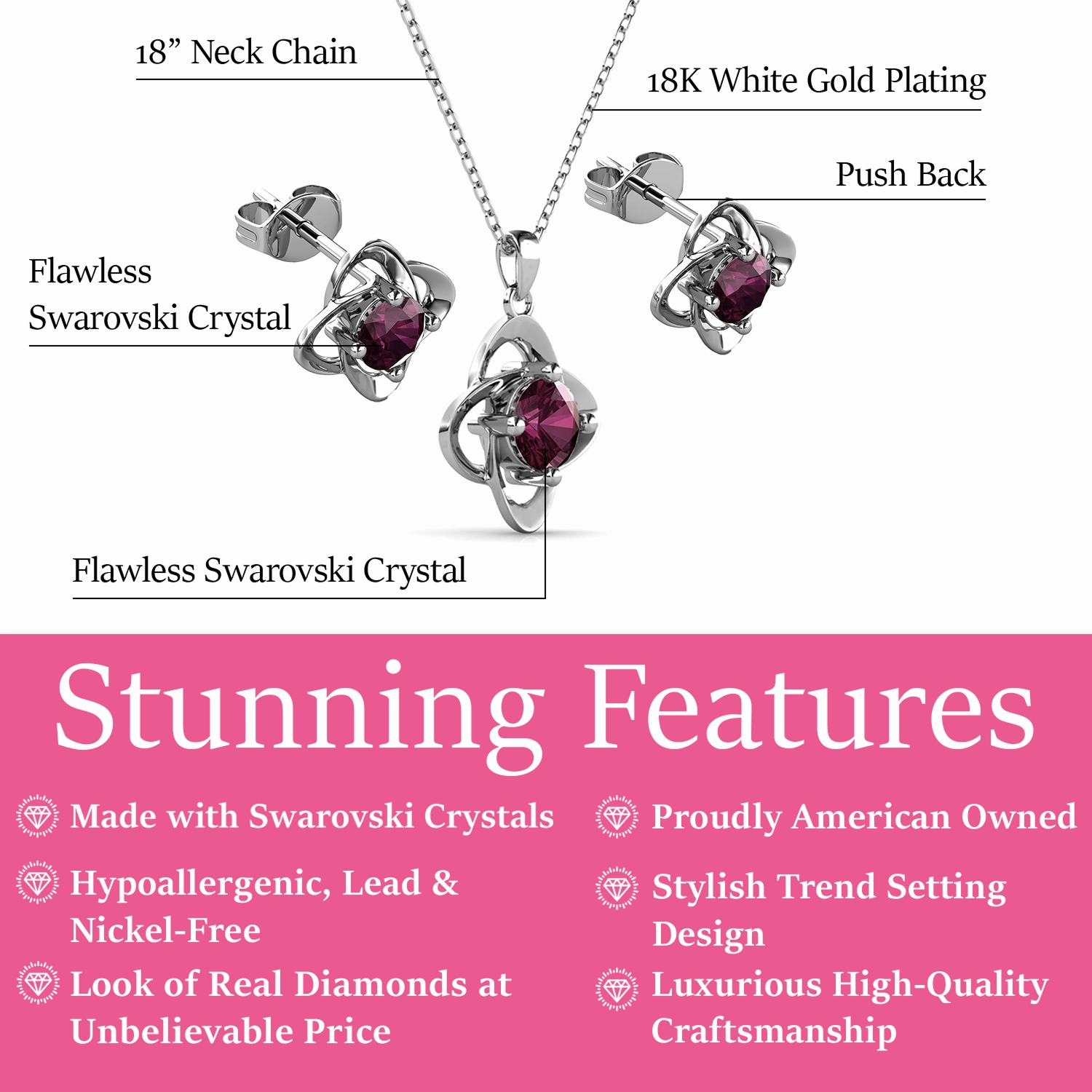 Infinity Birthstone 18k White Gold Plated Stud Earrings and Necklace Set with Swarovski Crystals