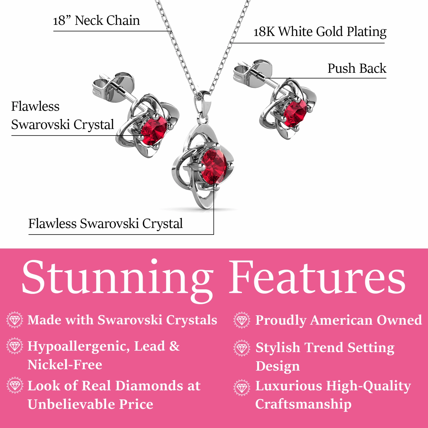 Infinity Birthstone 18k White Gold Plated Stud Earrings and Necklace Set with Swarovski Crystals