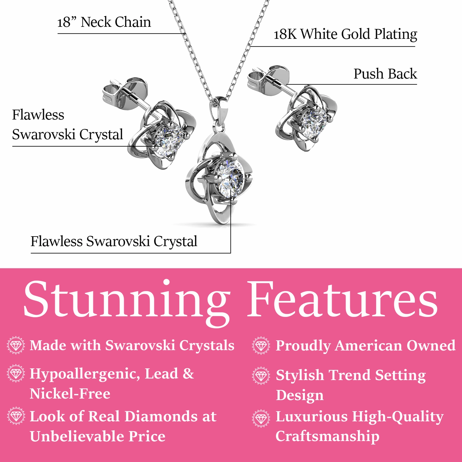 Infinity Birthstone 18k White Gold Plated Stud Earrings and Necklace Set with Swarovski Crystals