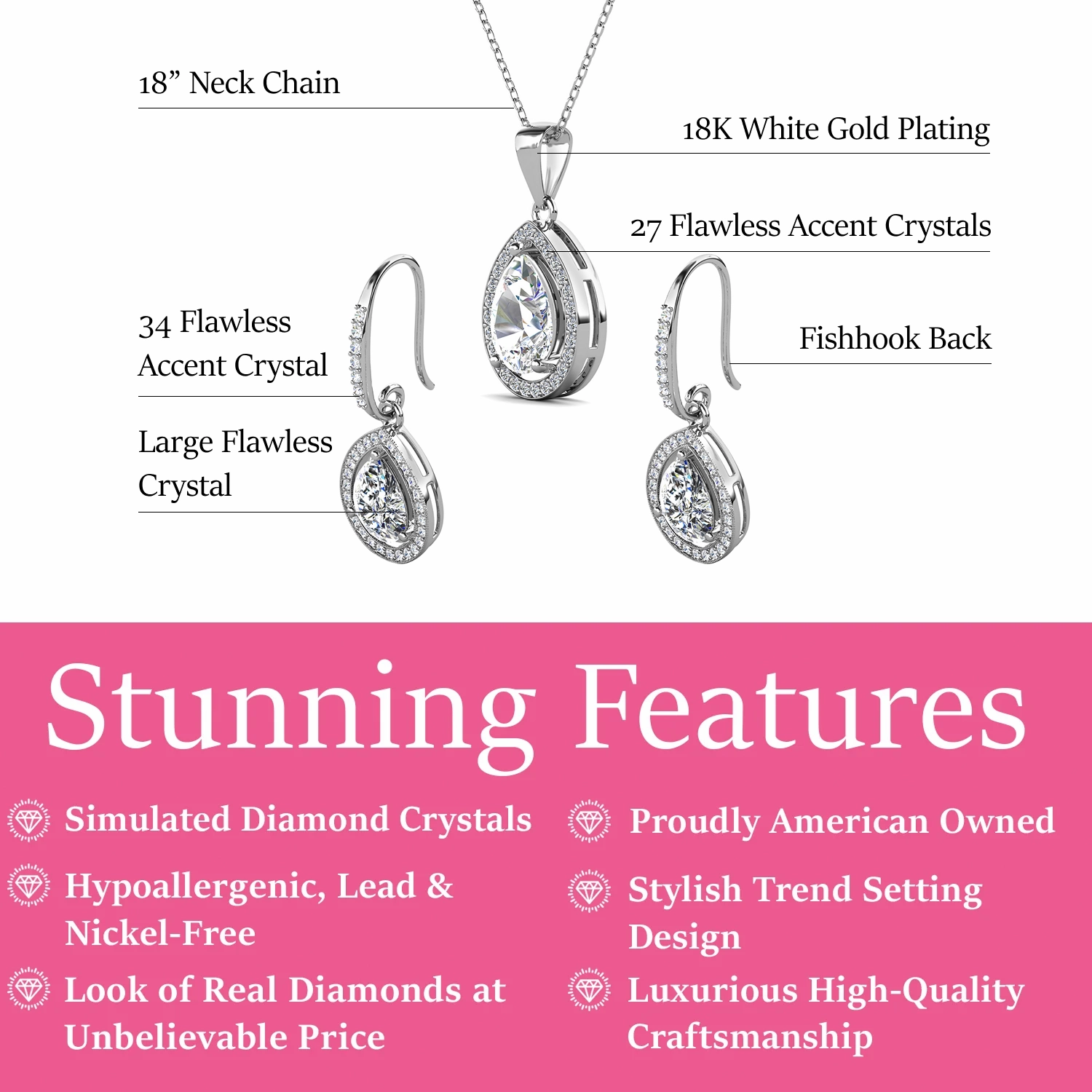 Isabel 18k White Gold Plated Drop Earrings and Necklace Jewelry Set with Simulated Diamond Crystals