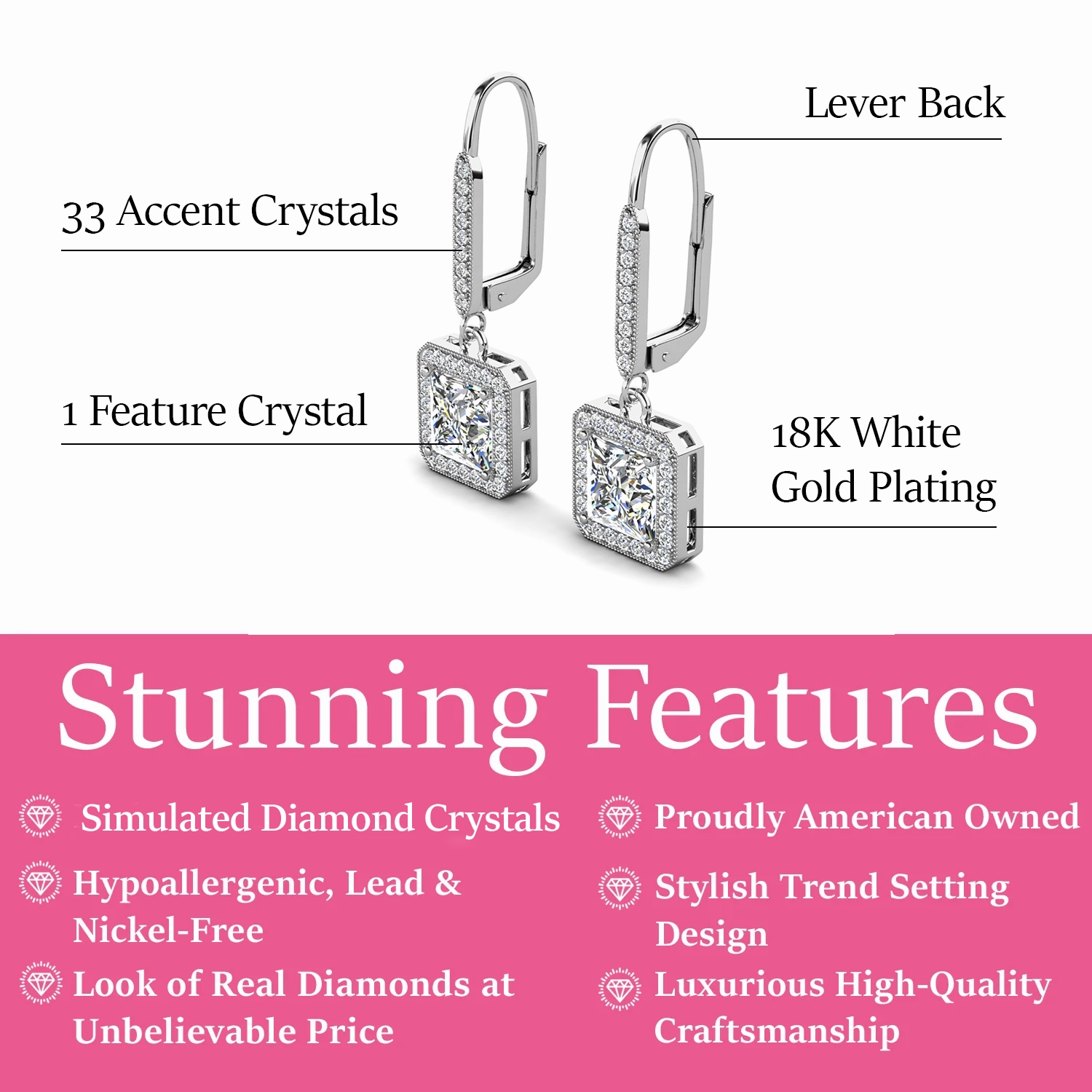 Ivy 18k White Gold Plated Halo Dangle Earrings with Princess Cut Simulated Diamond Crystals