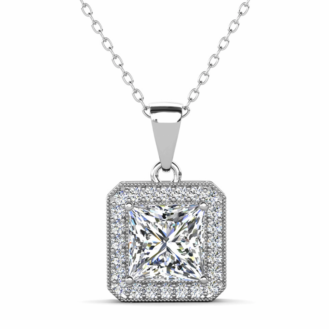 Ivy 18k White Gold Plated Halo Pendant Necklace with Simulated Diamond Crystals