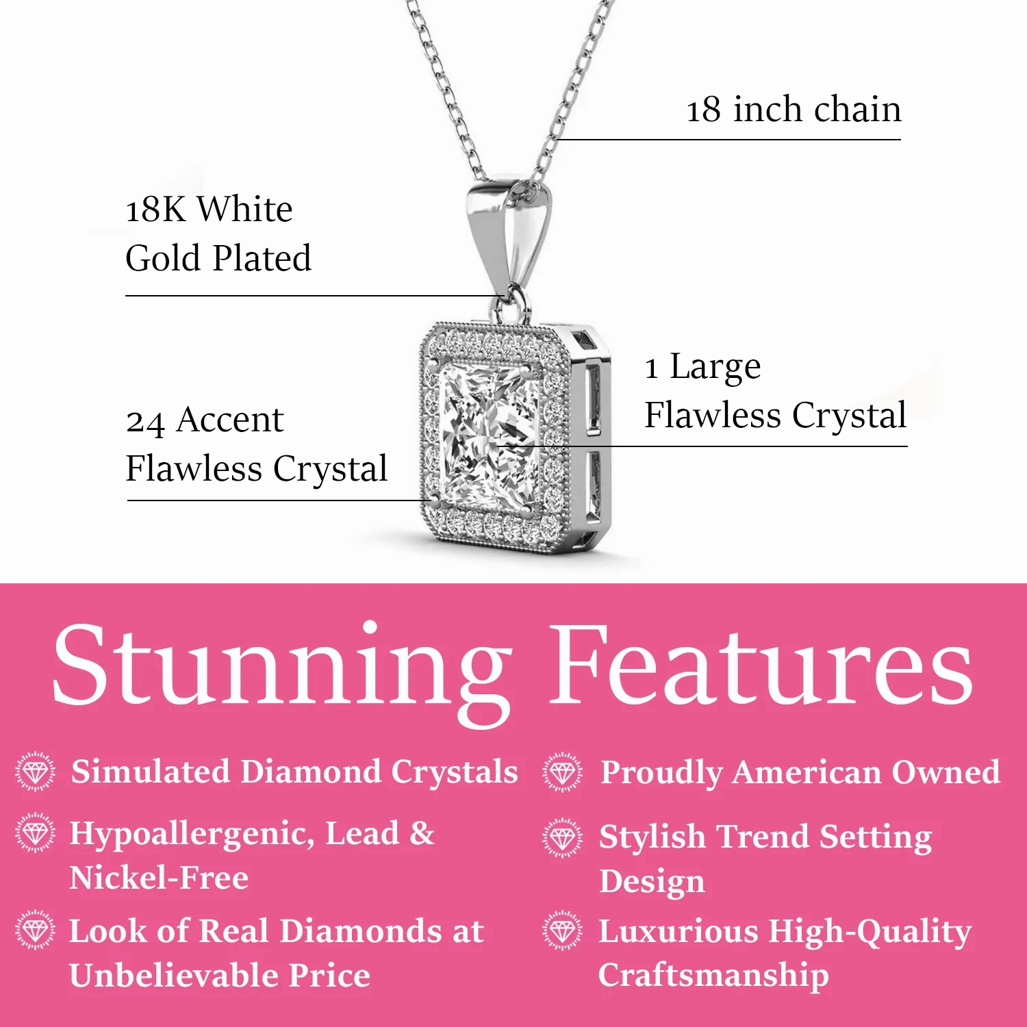 Ivy 18k White Gold Plated Halo Pendant Necklace with Simulated Diamond Crystals