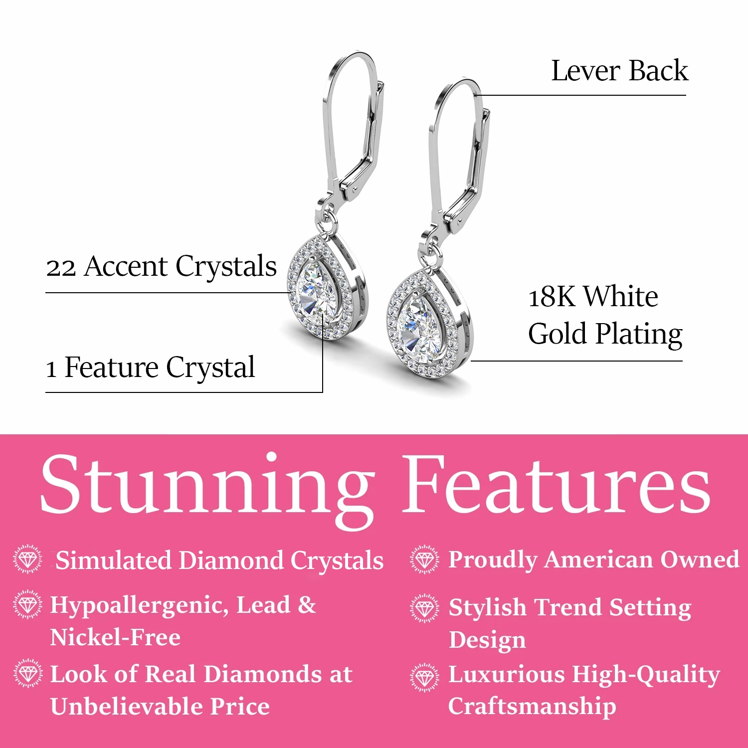 Izzy 18k White Gold Plated Halo Teardrop Dangle Earrings with Simulated Diamond Crystals