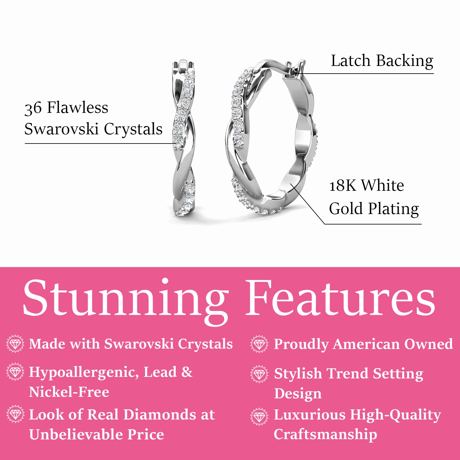 Lauren 18k White Gold Plated 22mm Twisted Hoop Earrings with Swarovski Crystals