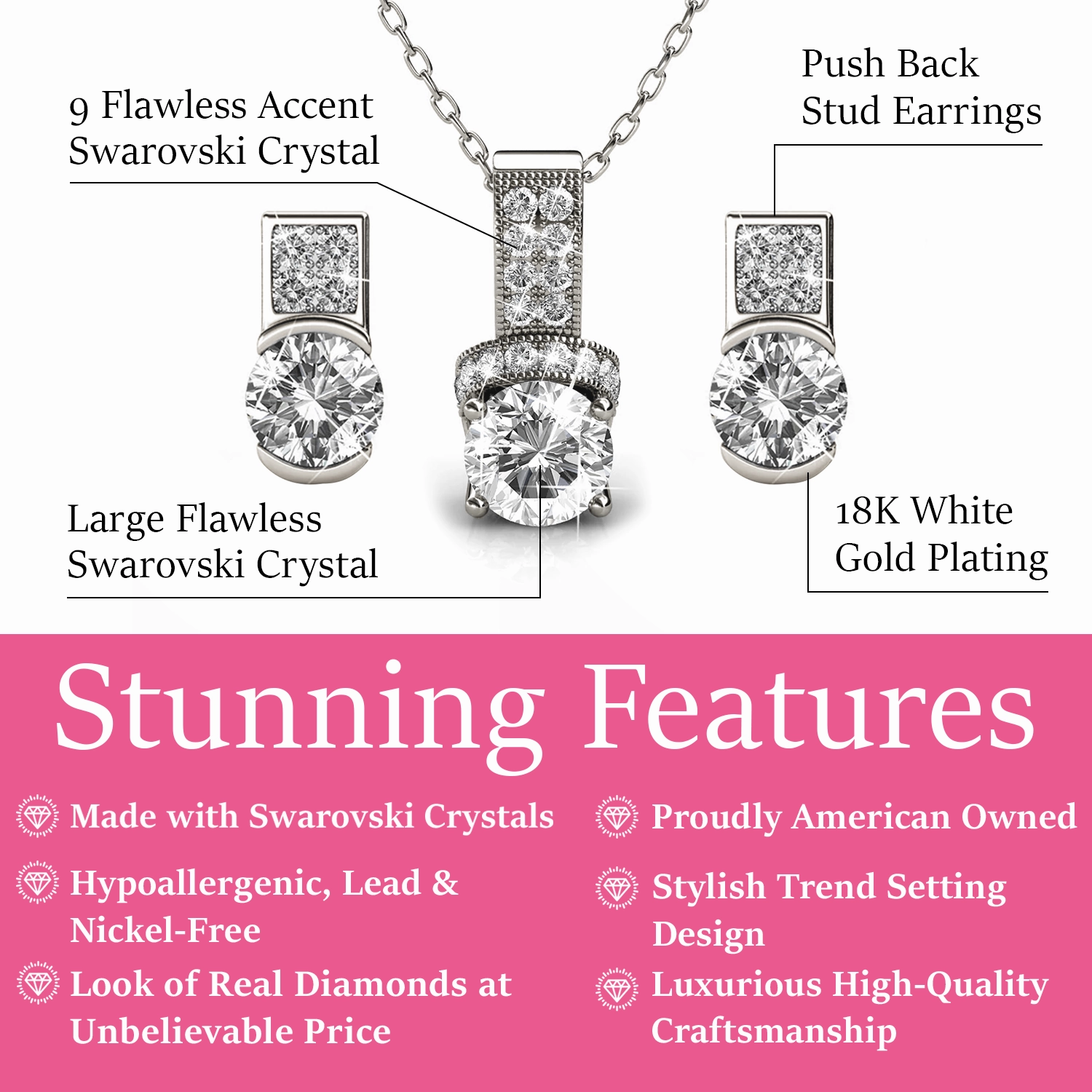 Laya 18k White Gold Pendant Necklace and Earrings Jewelry Set with Swarovski Crystals  Final Sale
