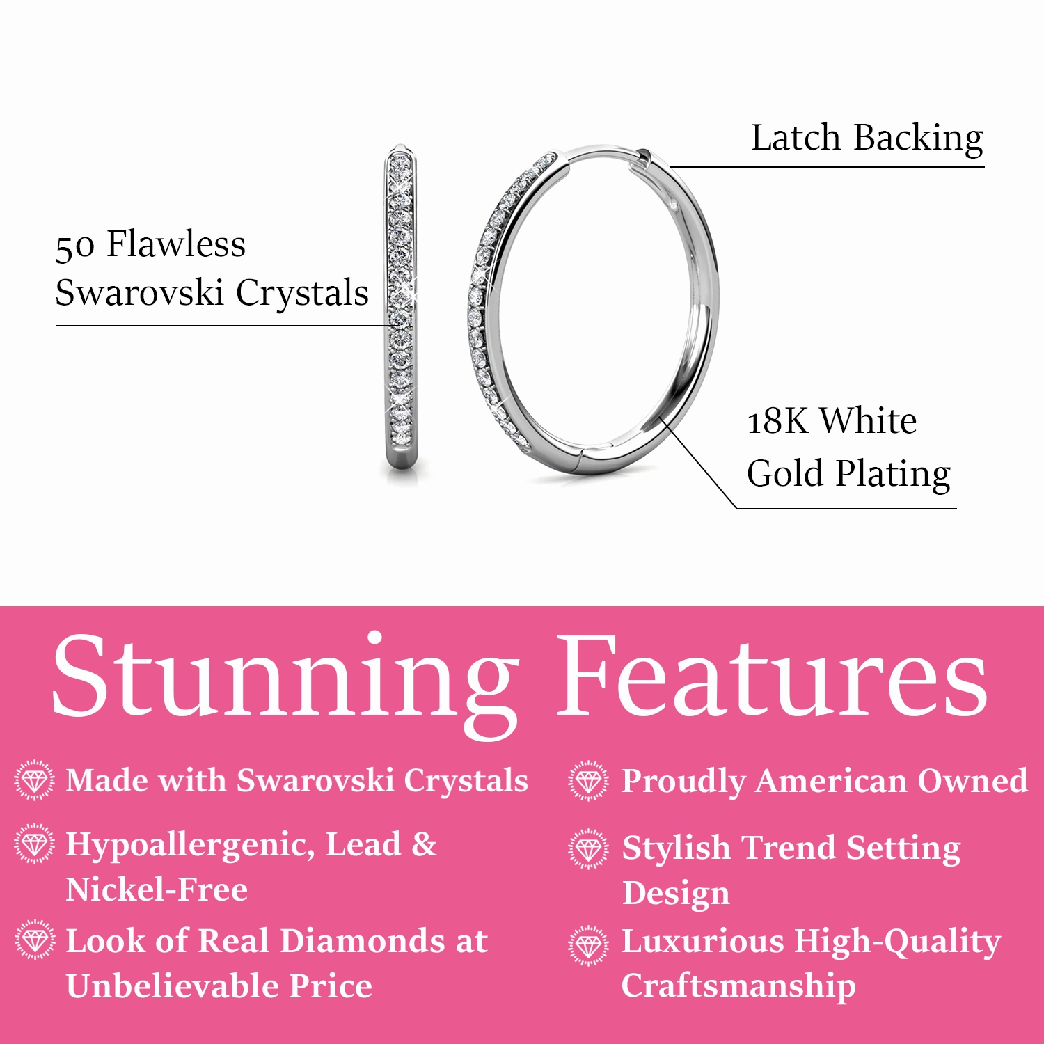 Leslie 18k White Gold Plated 10mm-40mm Hoop Earrings with Swarovski Crystals