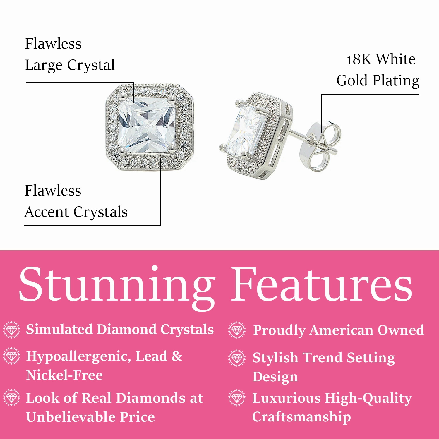 Londyn 18k White Gold Plated Princess Cut Halo Stud Earrings with Simulated Diamond Crystals