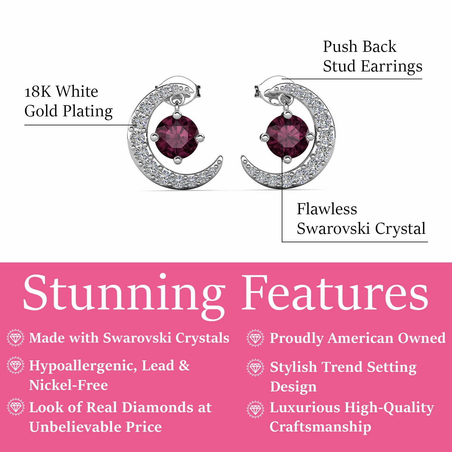 Luna Birthstone 18k White Gold Plated Crescent Stud Earrings with Round Cut Swarovski Crystals