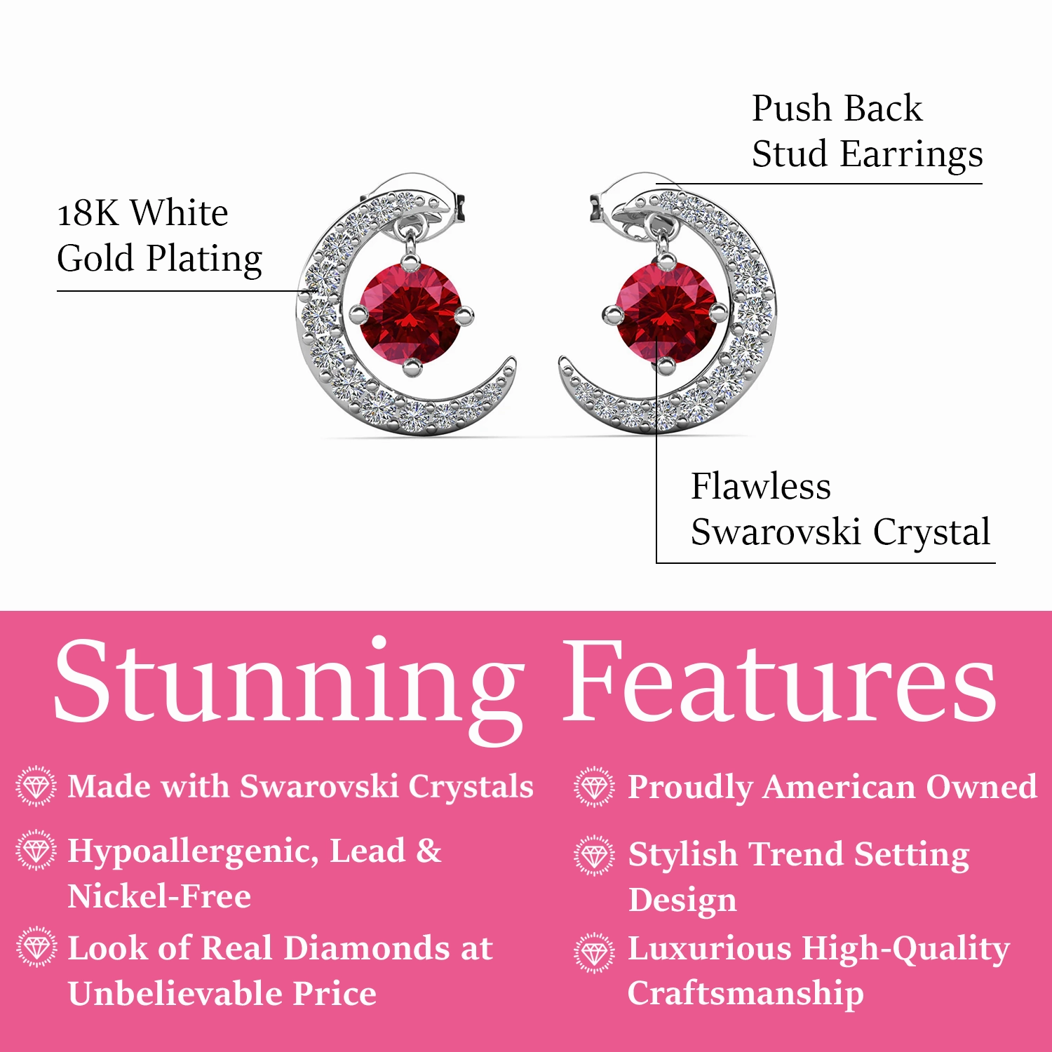 Luna Birthstone 18k White Gold Plated Crescent Stud Earrings with Round Cut Swarovski Crystals