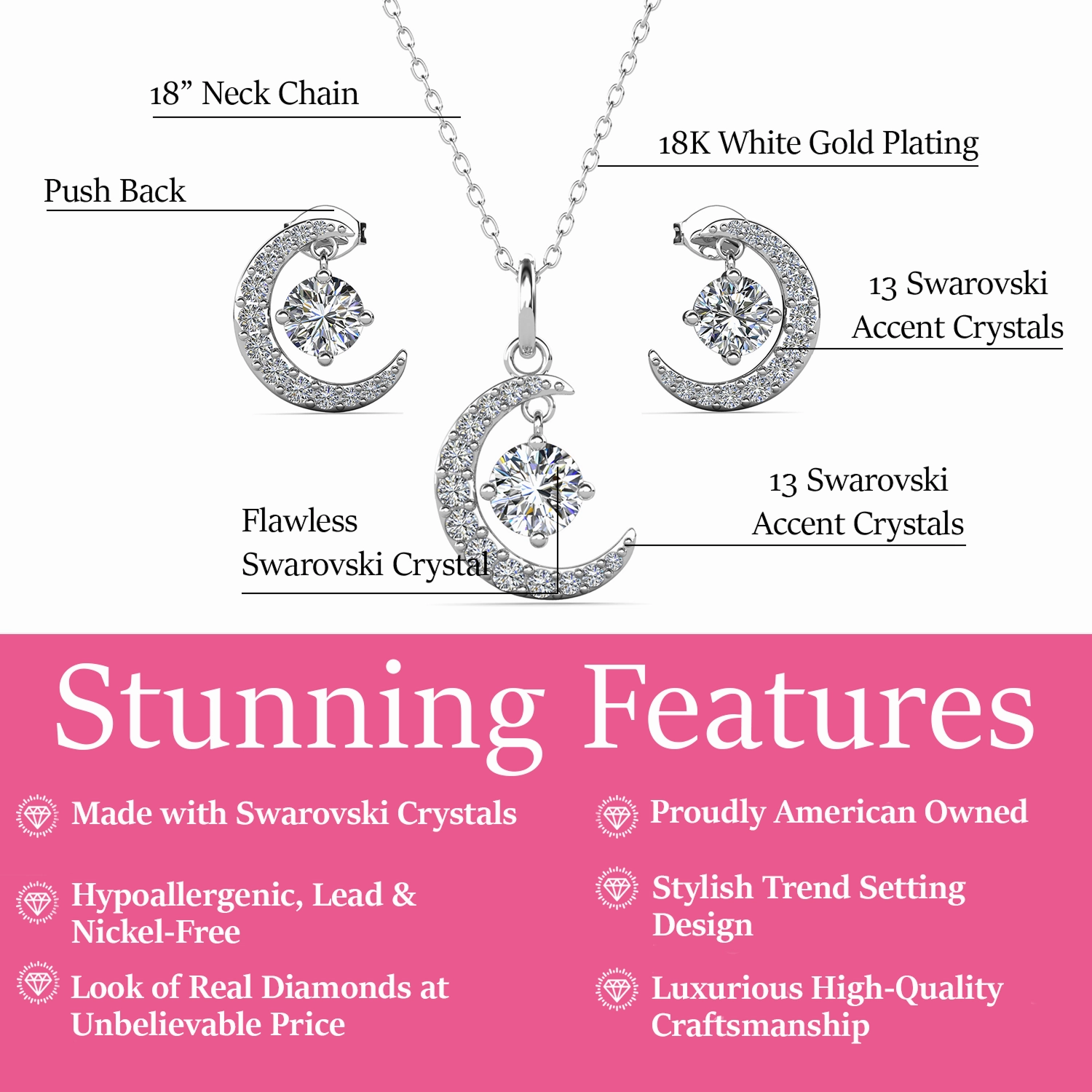 Luna Birthstone 18k White Gold Plated Silver Crescent Earrings and Necklace Set with Swarovski Crystals
