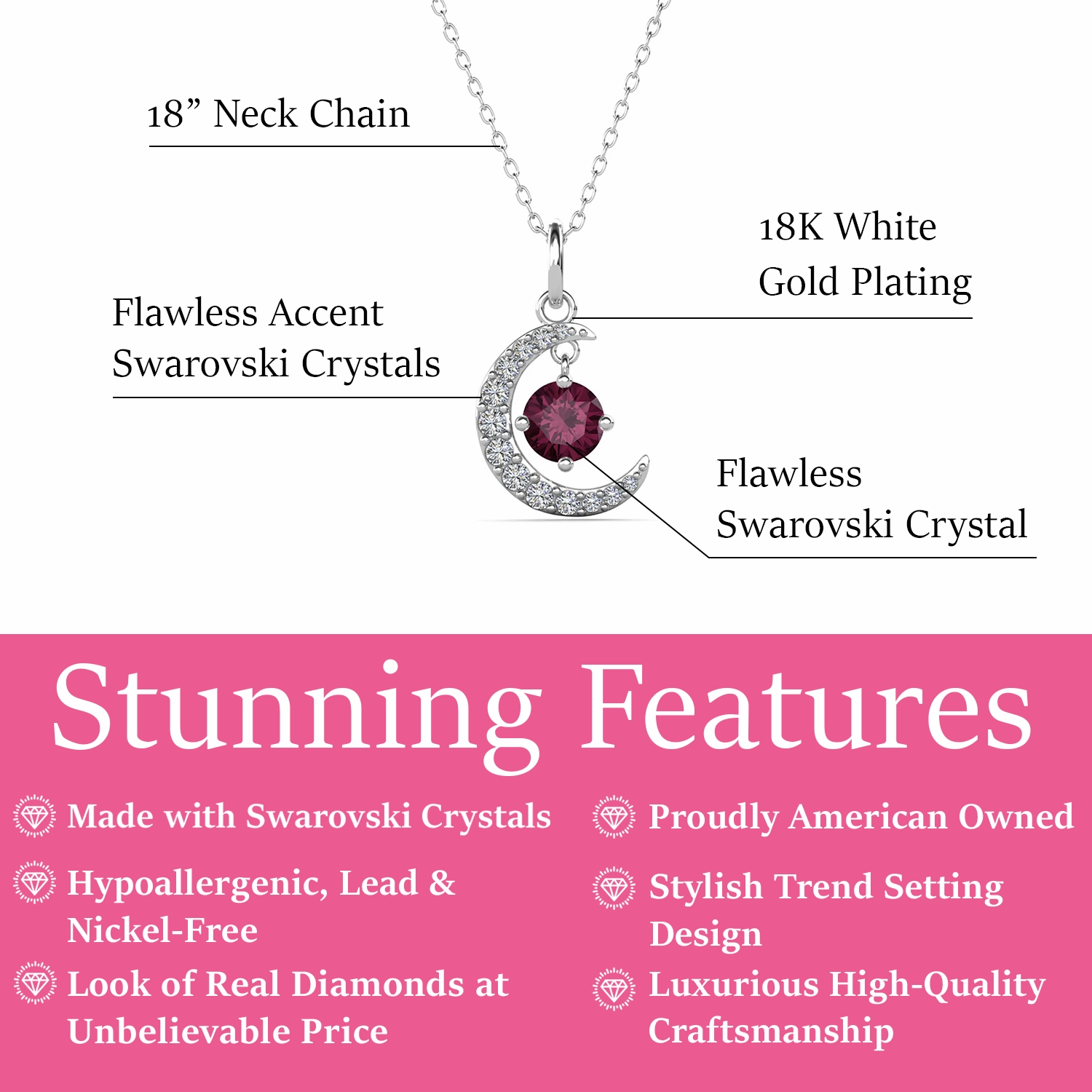 Luna Birthstone Necklace 18k White Gold Plated Crescent Pendant Necklace with Round Cut Swarovski Crystals