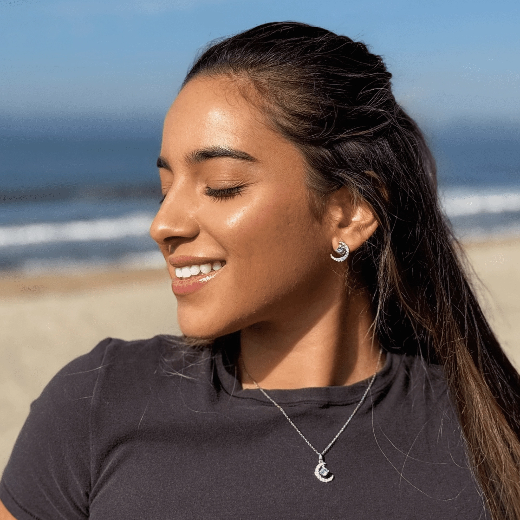 Luna Birthstone Necklace 18k White Gold Plated Crescent Pendant Necklace with Round Cut Swarovski Crystals
