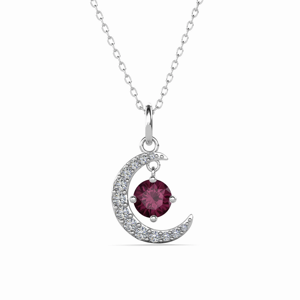 Luna Birthstone Necklace 18k White Gold Plated Crescent Pendant Necklace with Round Cut Swarovski Crystals