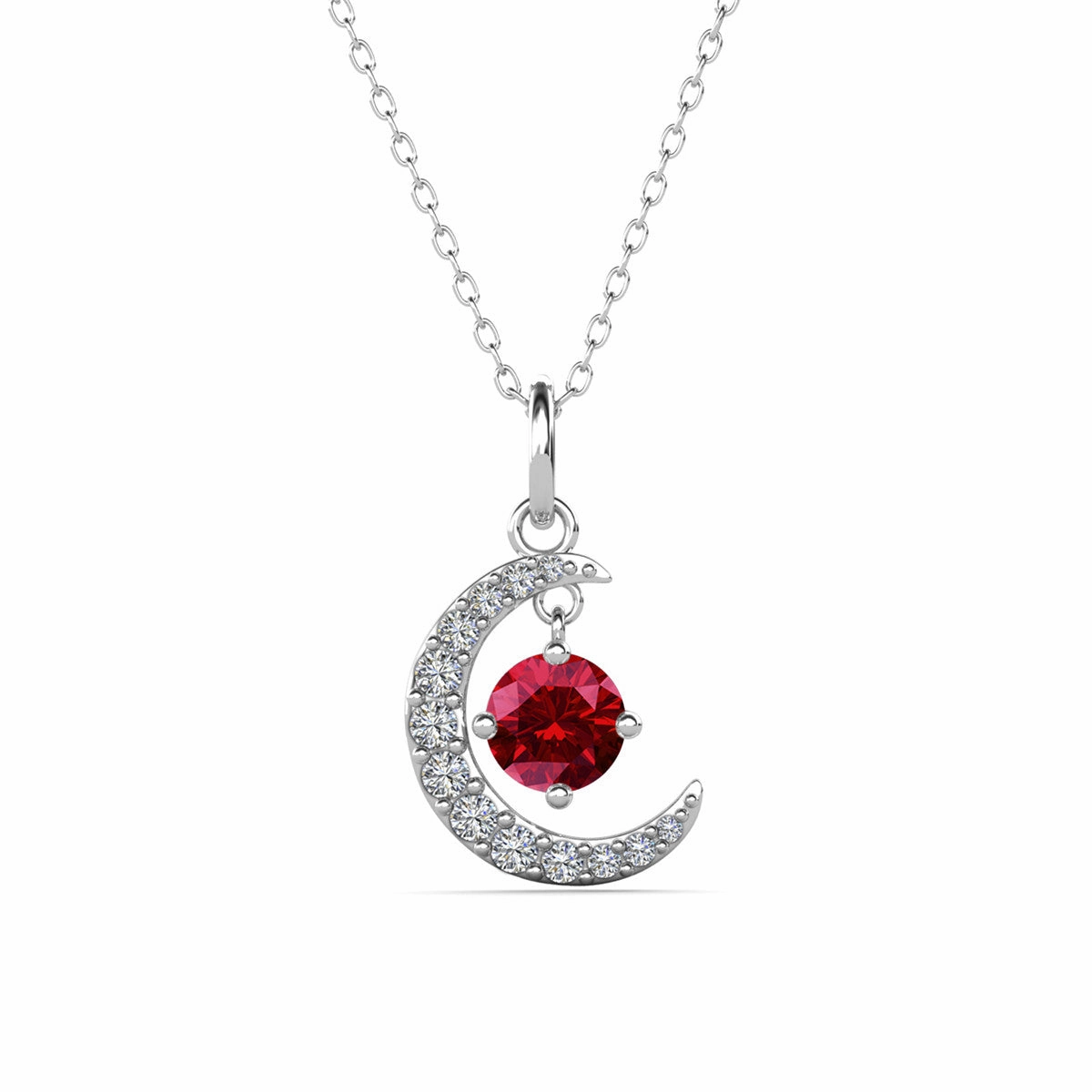 Luna Birthstone Necklace 18k White Gold Plated Crescent Pendant Necklace with Round Cut Swarovski Crystals
