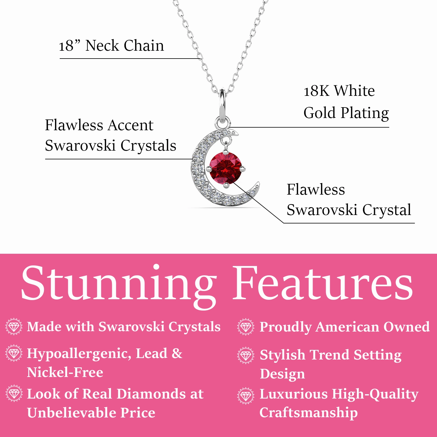 Luna Birthstone Necklace 18k White Gold Plated Crescent Pendant Necklace with Round Cut Swarovski Crystals
