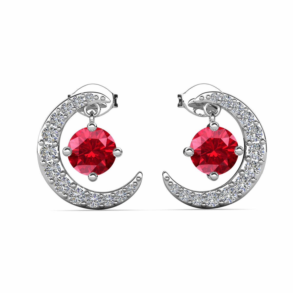 Luna July Birthstone Ruby Earrings 18k White Gold Plated Crescent Stud Earrings with Round Cut Swarovski Crystals