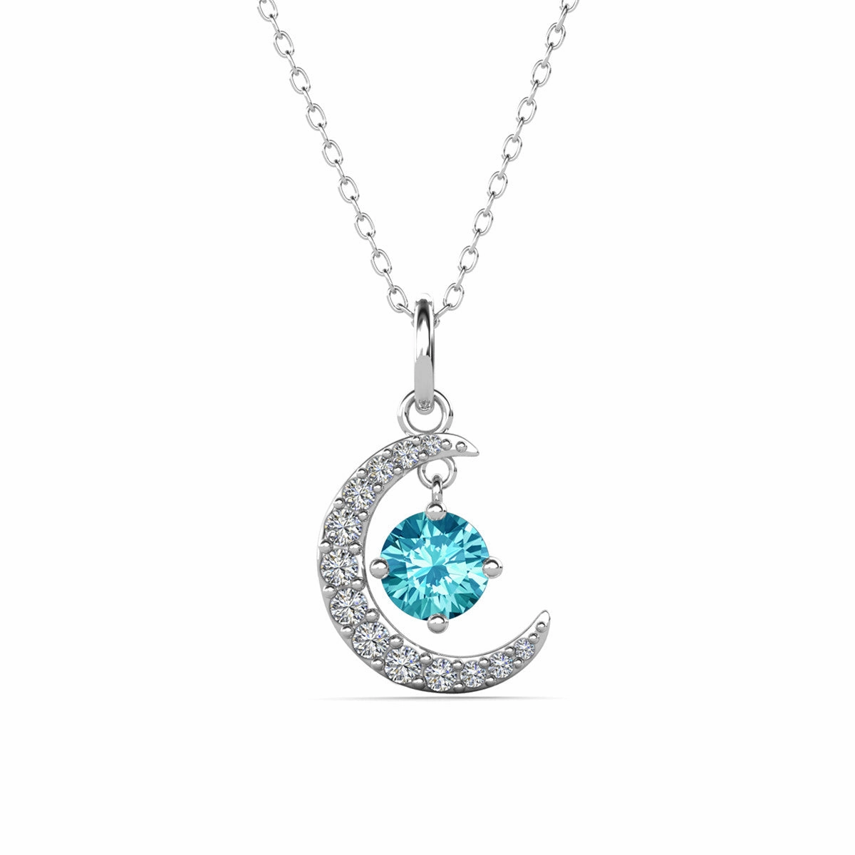 Luna March Birthstone Aquamarine Necklace 18k White Gold Plated Crescent Pendant Necklace with Round Cut Swarovski Crystals
