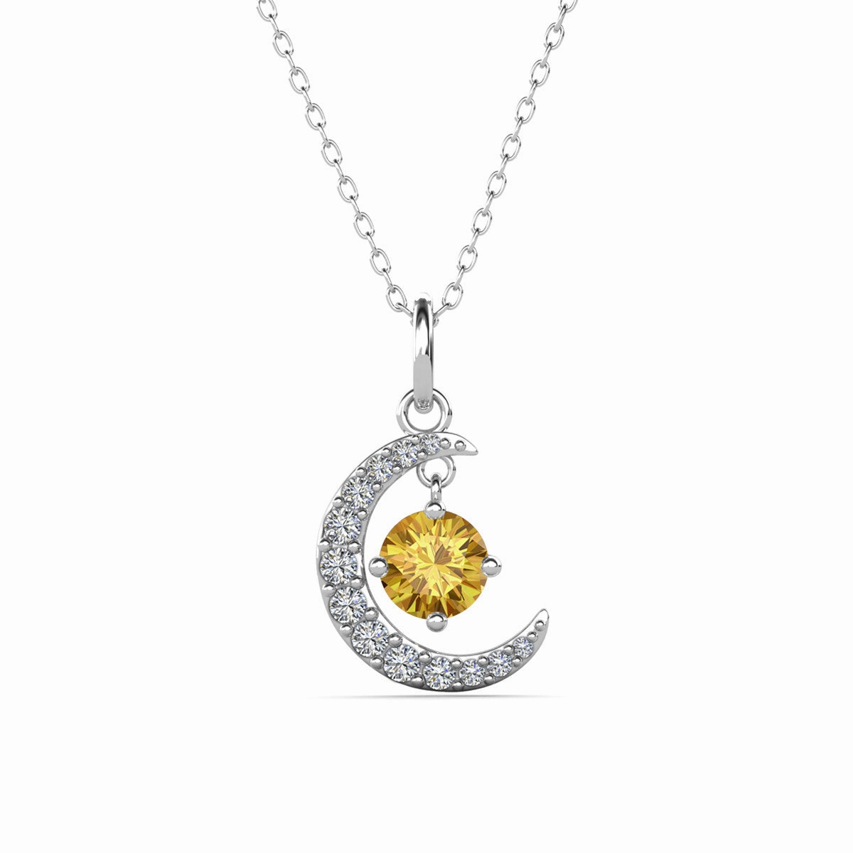 Luna November Birthstone Citrine Necklace 18k White Gold Plated Crescent Pendant Necklace with Round Cut Swarovski Crystals
