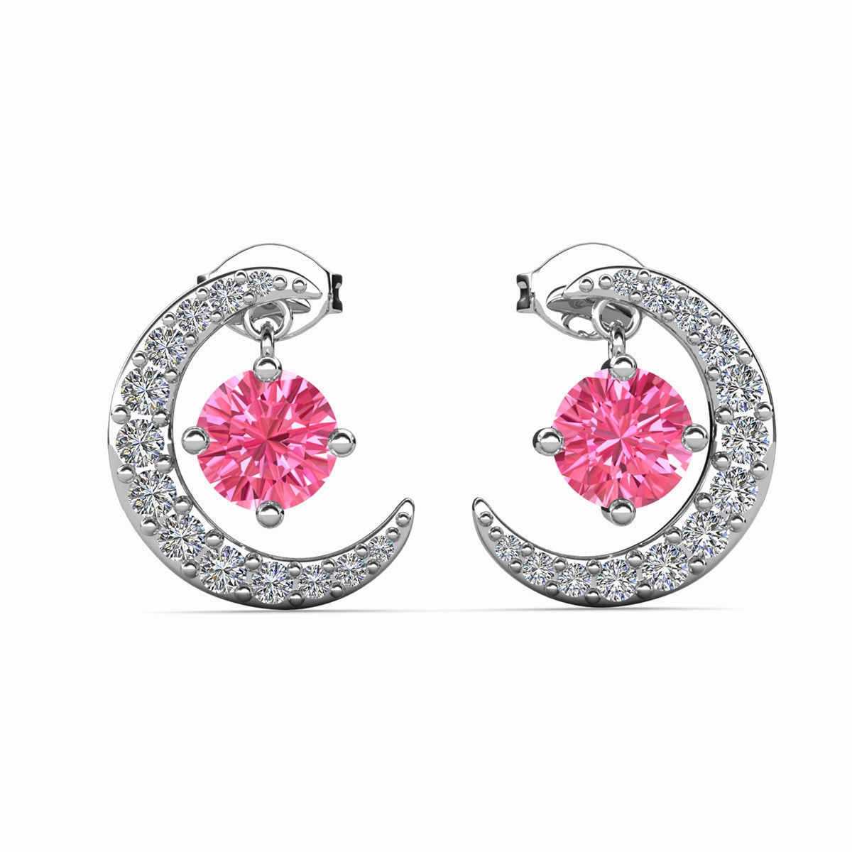 Luna October Birthstone Pink Tourmaline Earrings 18k White Gold Plated Crescent Stud Earrings with Round Cut Swarovski Crystals