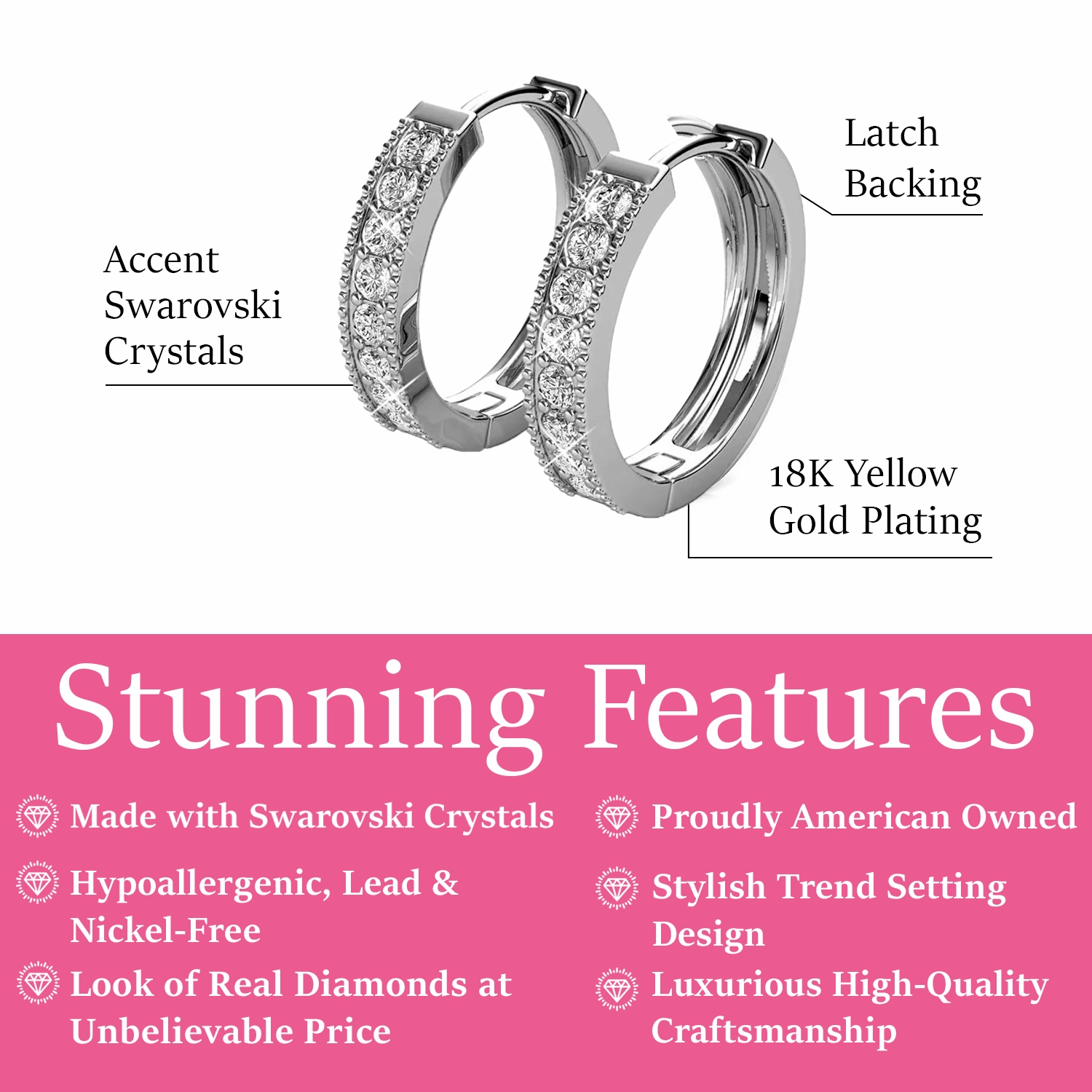 Lydia 18k White Gold Plated 16mm Hoop Earrings with Swarovski Crystals