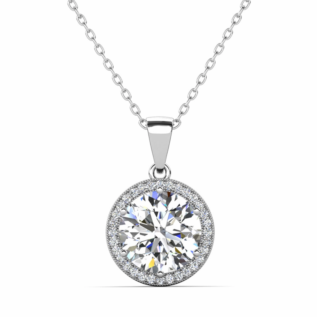 Mariah 18k White Gold Plated Halo Pendant Necklace with Round Cut Simulated Diamond Crystals