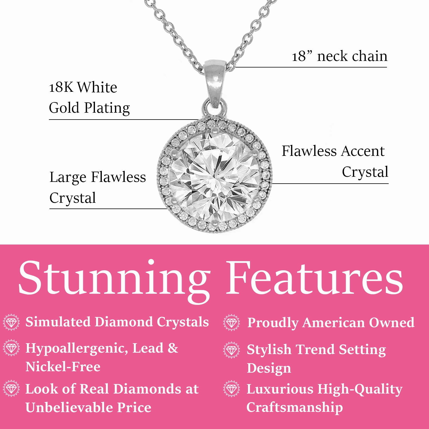 Mariah 18k White Gold Plated Halo Pendant Necklace with Round Cut Simulated Diamond Crystals