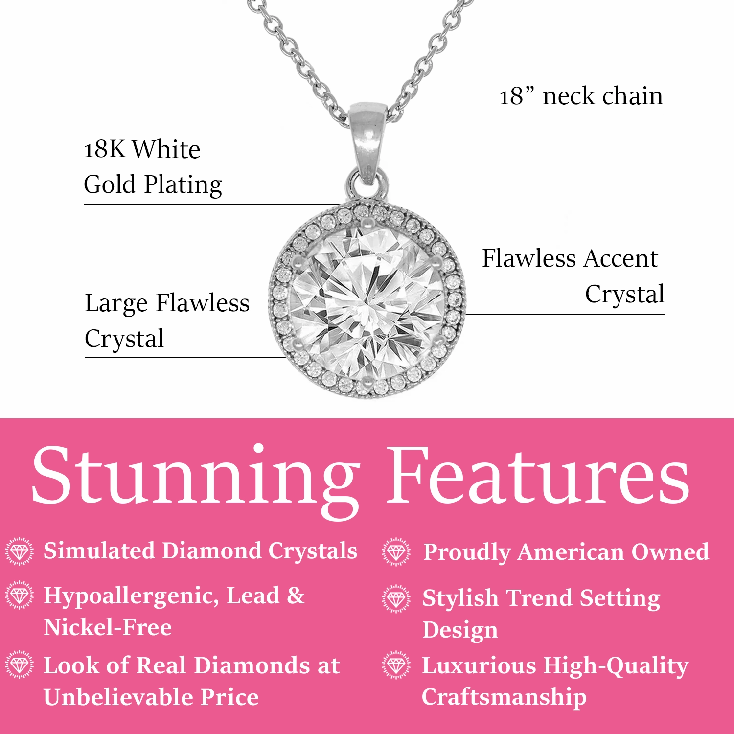 Mariah 18k White Gold Plated Halo Pendant Necklace with Round Cut Simulated Diamond Crystals